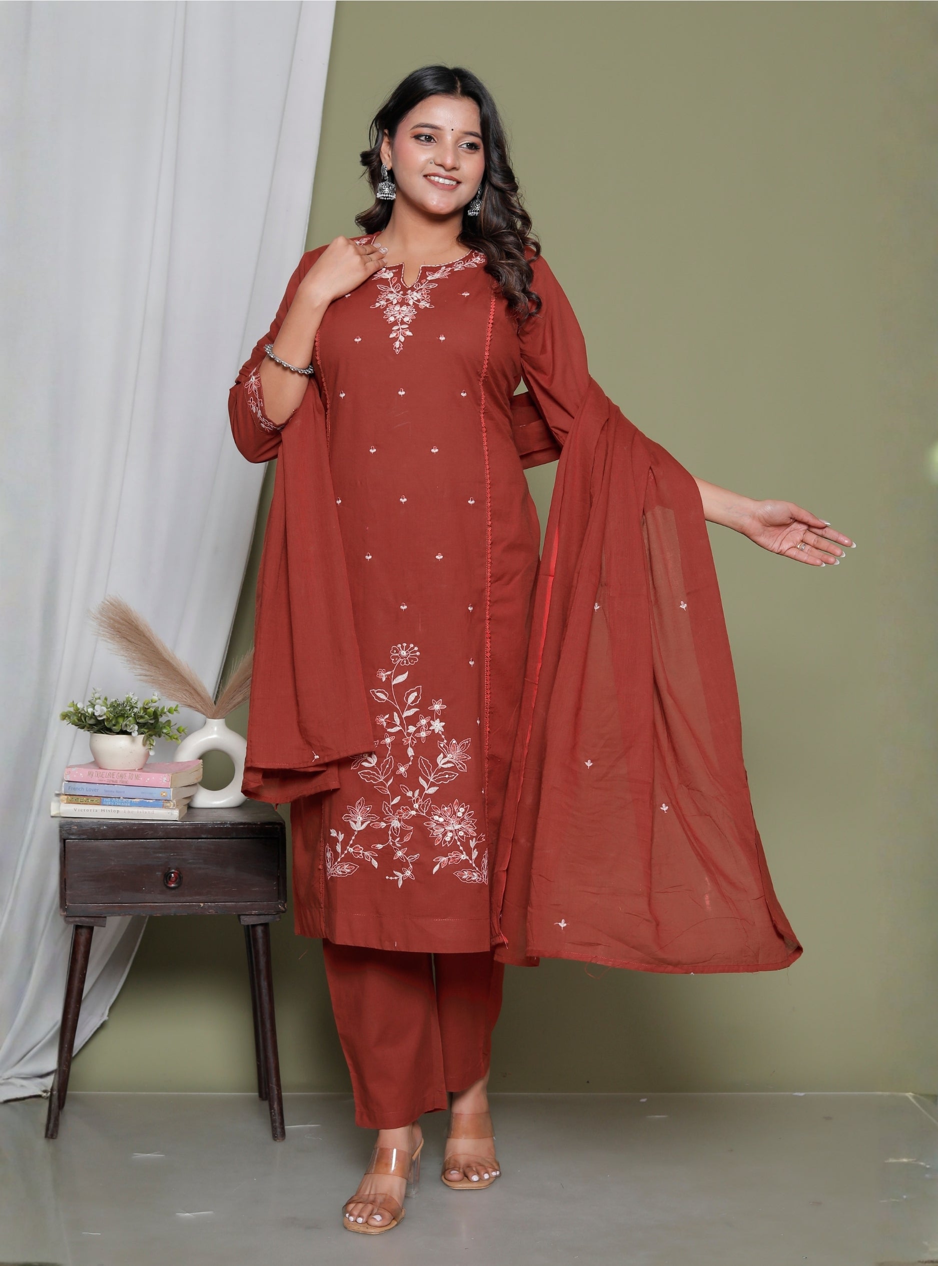 Rust Embroidered Kurta Set with Dupatta