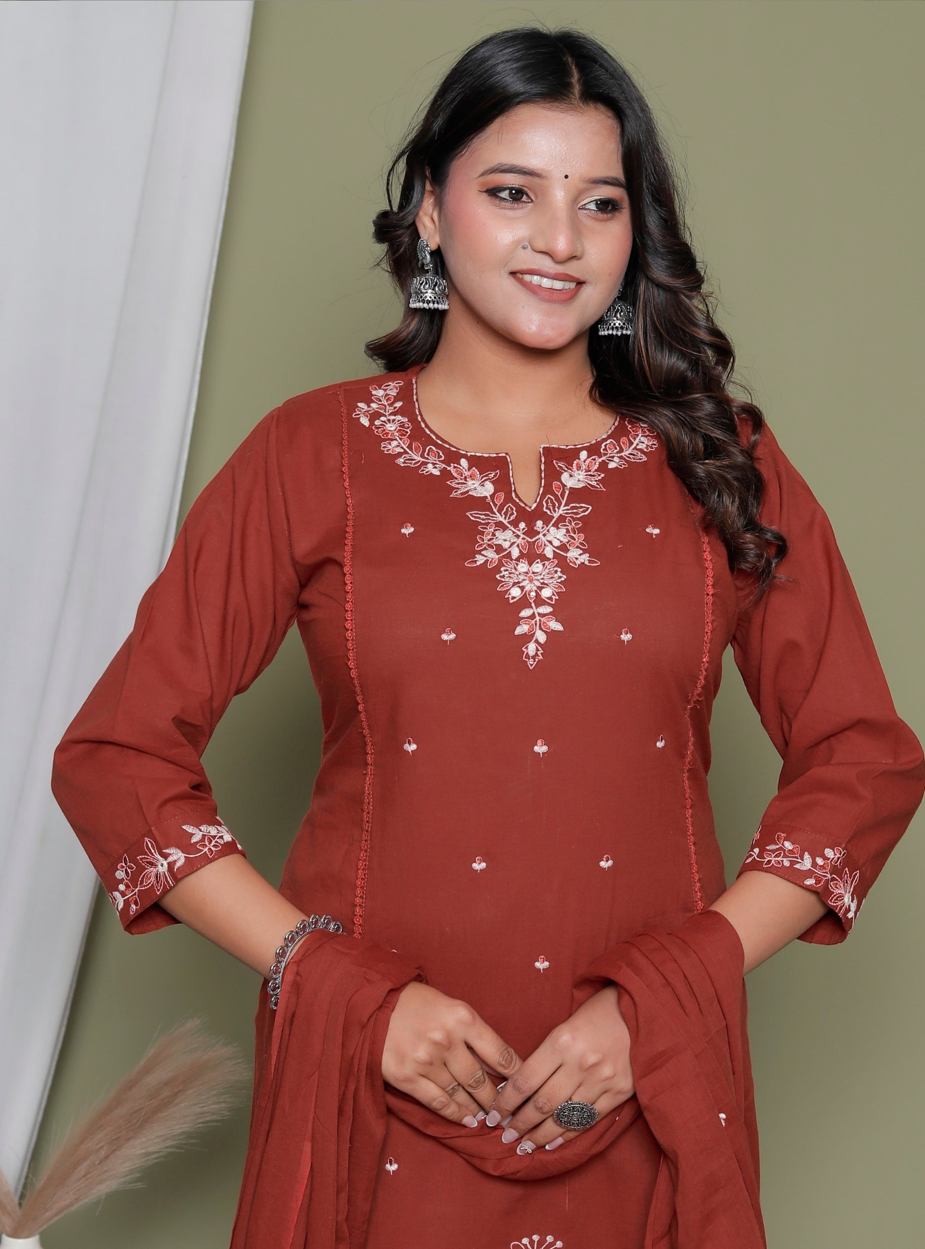 Rust Embroidered Kurta Set with Dupatta