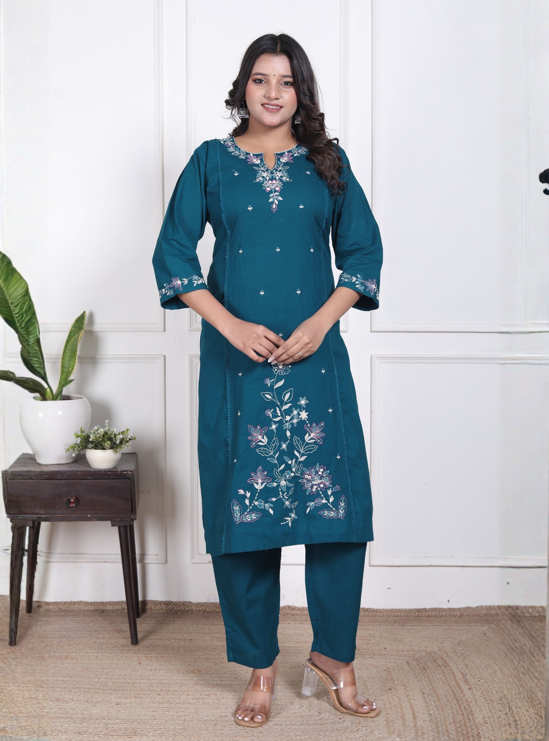 Teal Blue Embroidered Kurta with Dupatta