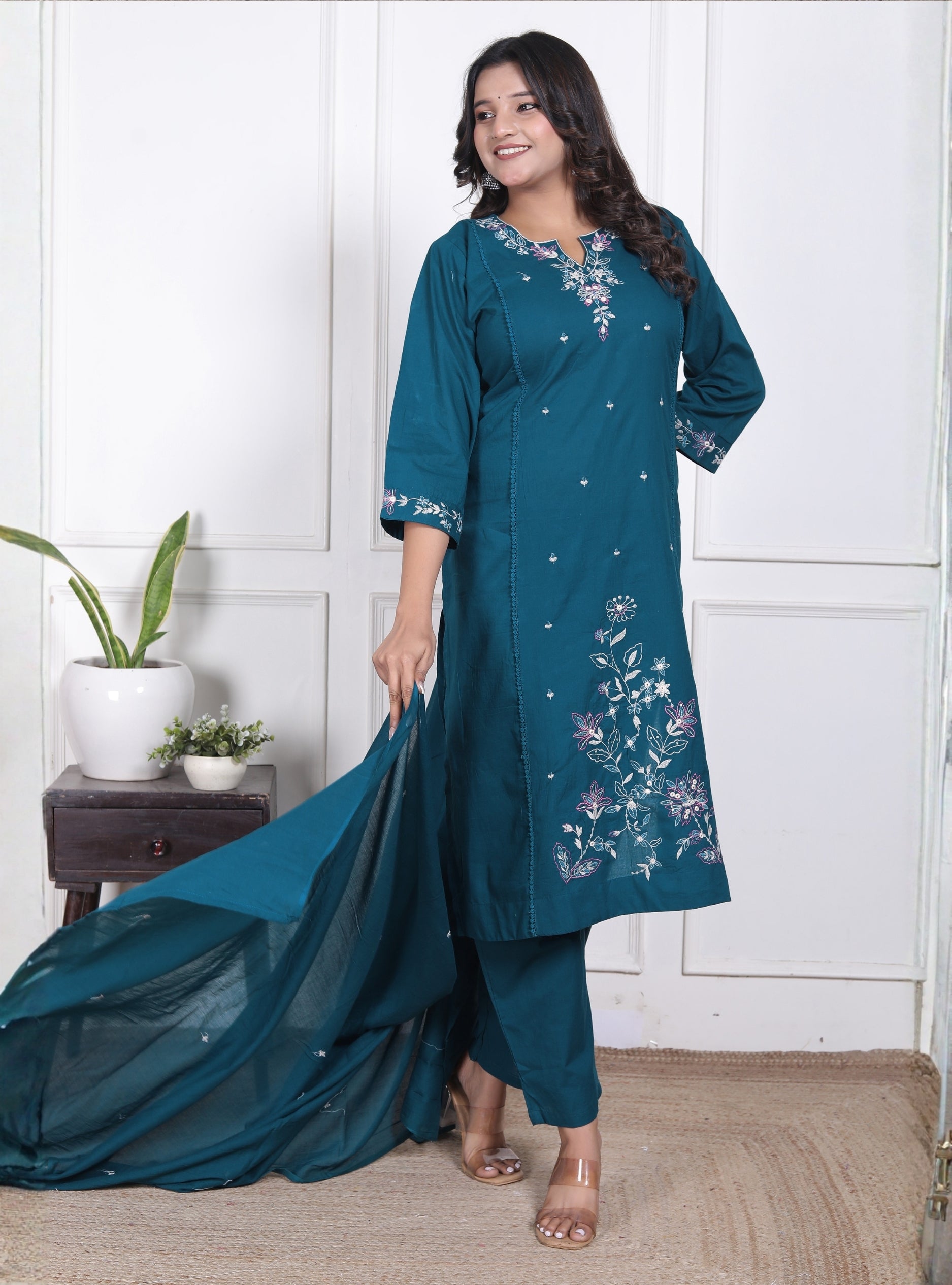 Teal Blue Embroidered Kurta with Dupatta