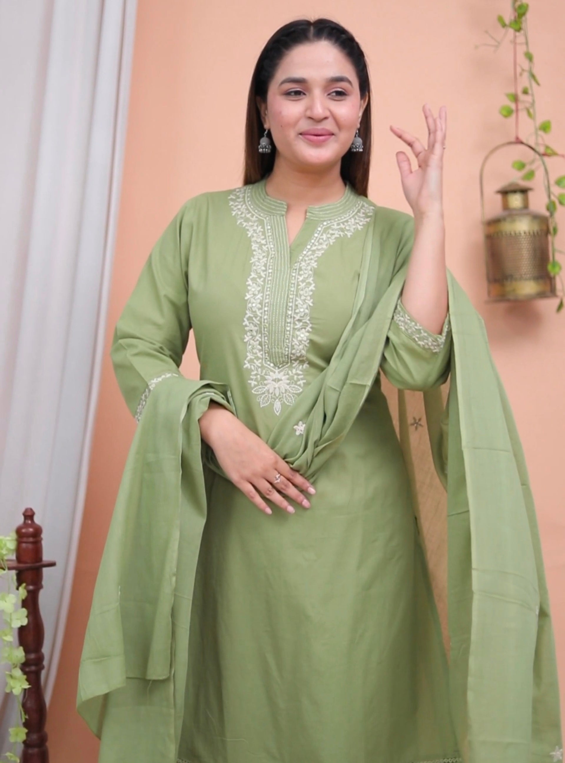Olive Green Cotton Embroidered Kurta Set with Dupatta
