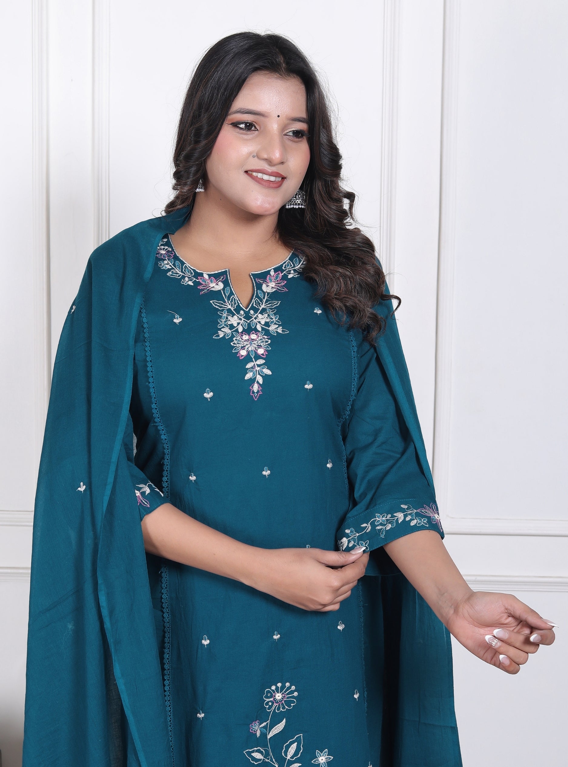 Teal Blue Embroidered Kurta with Dupatta