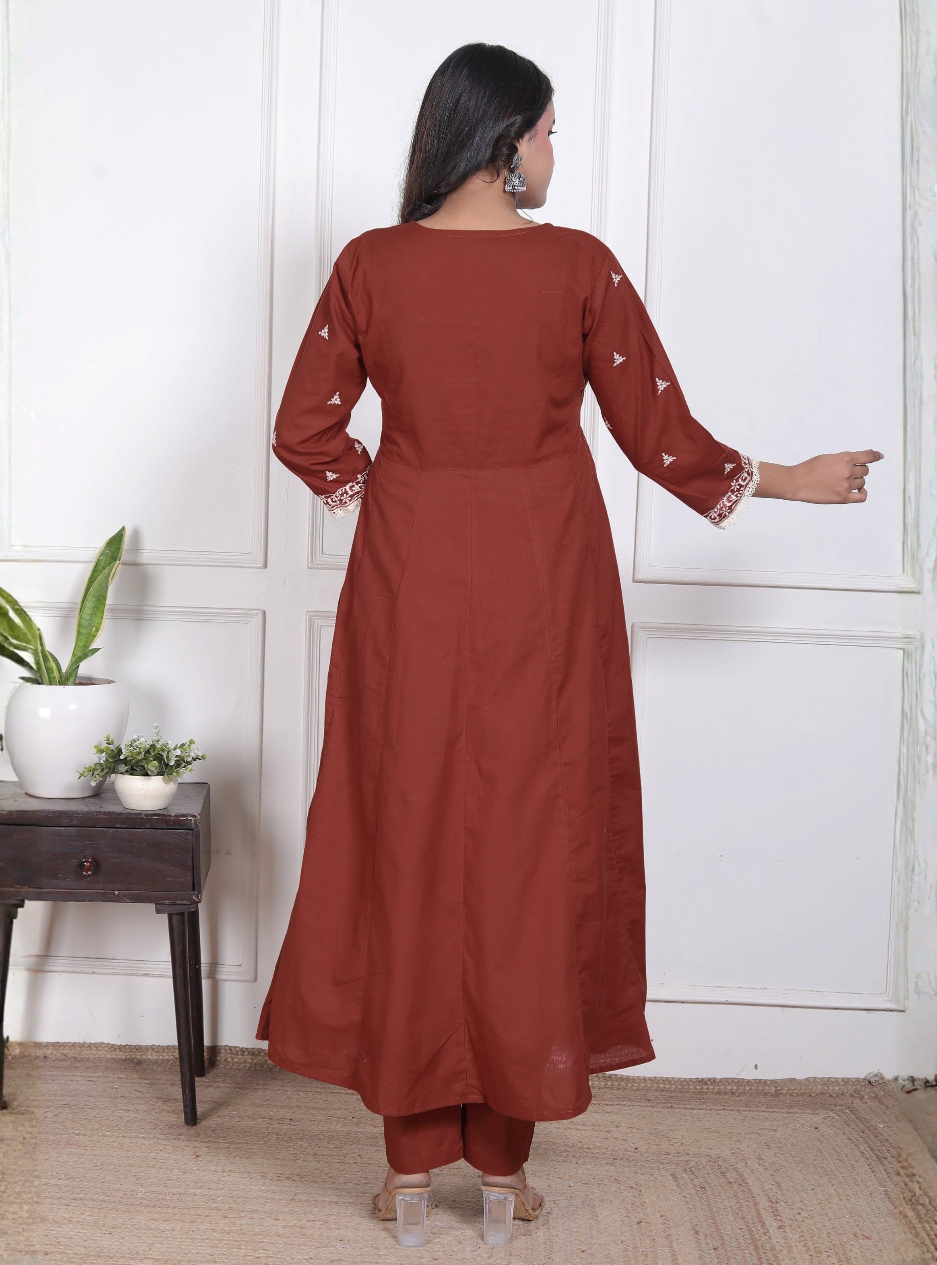 Elegant Rust Embroidered Anarkali Suit Set