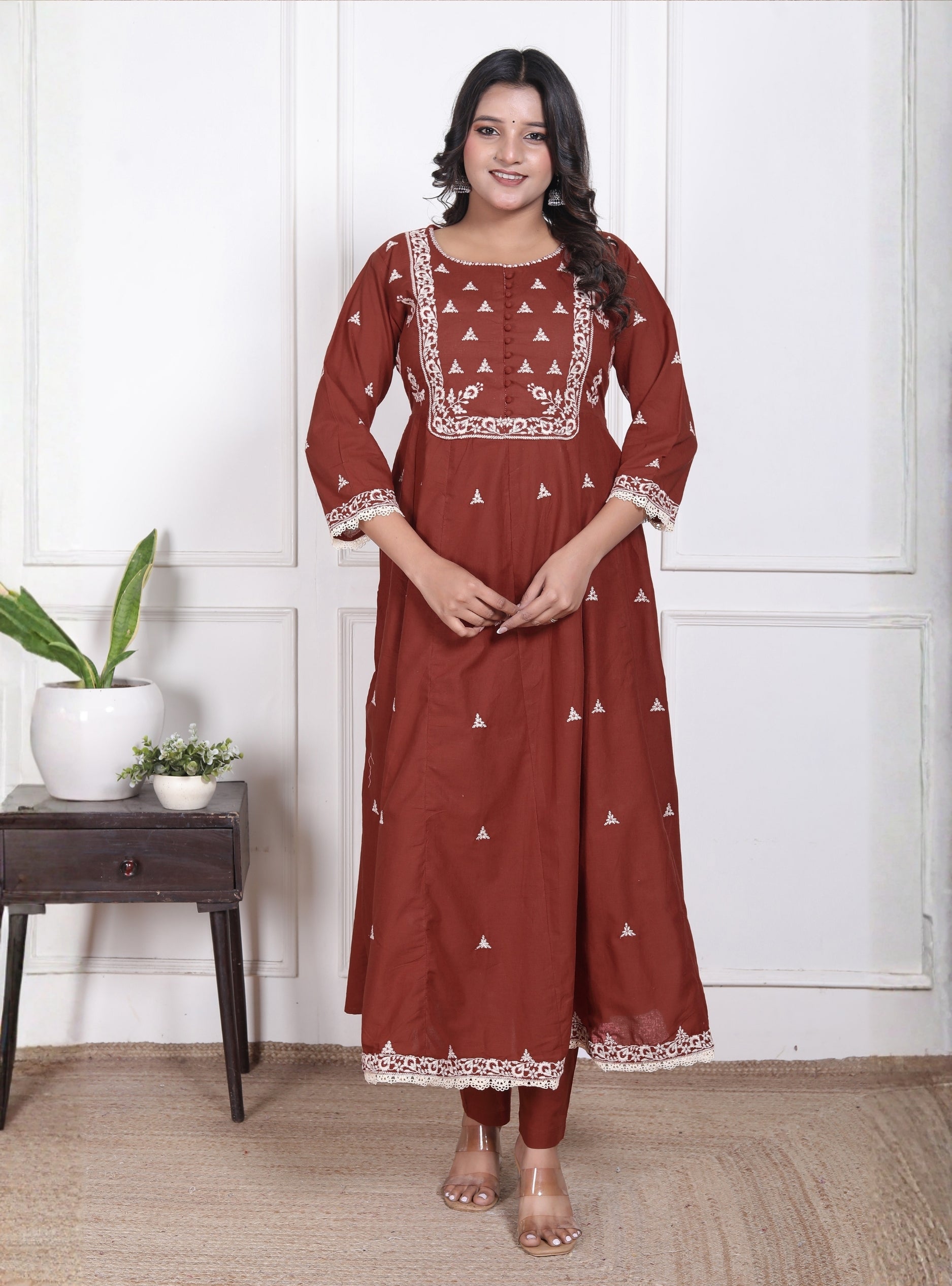 Elegant Rust Embroidered Anarkali Suit Set
