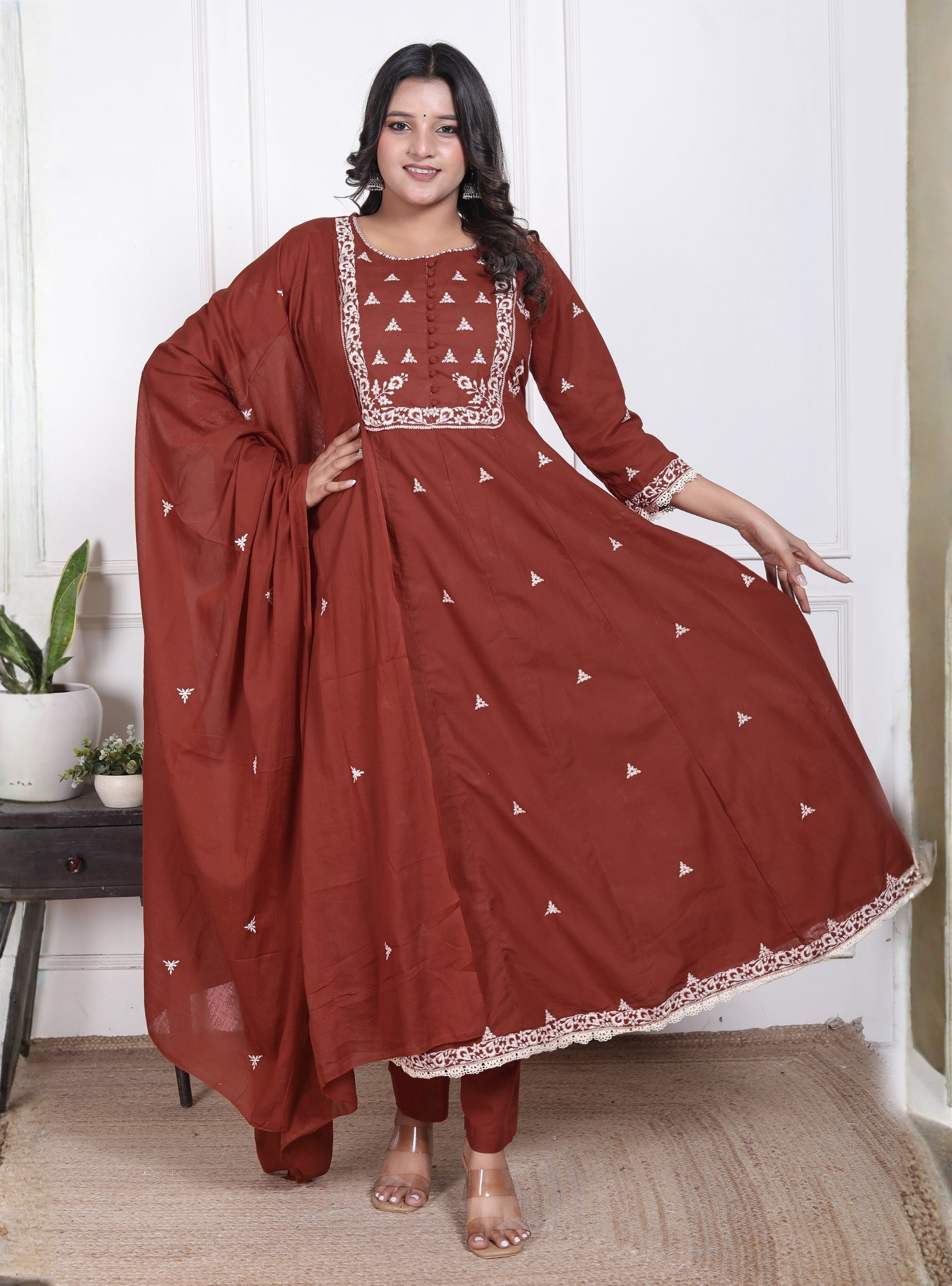 Elegant Rust Embroidered Anarkali Suit Set