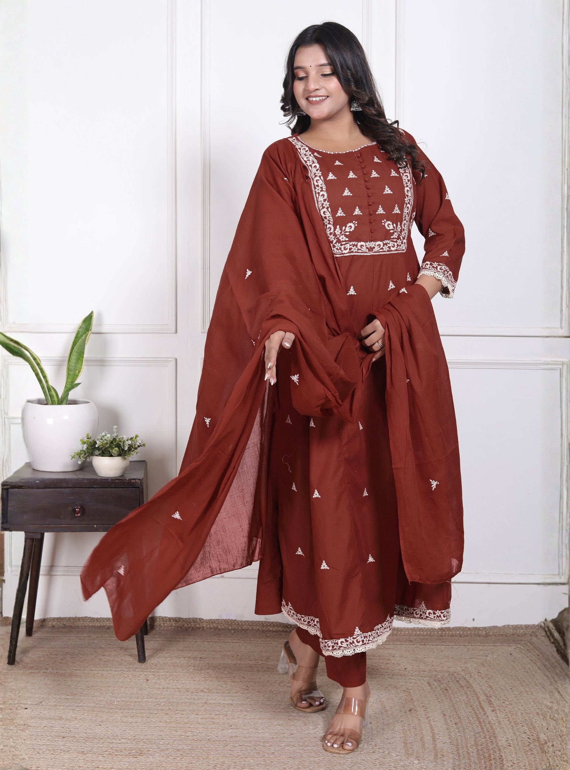 Elegant Rust Embroidered Anarkali Suit Set