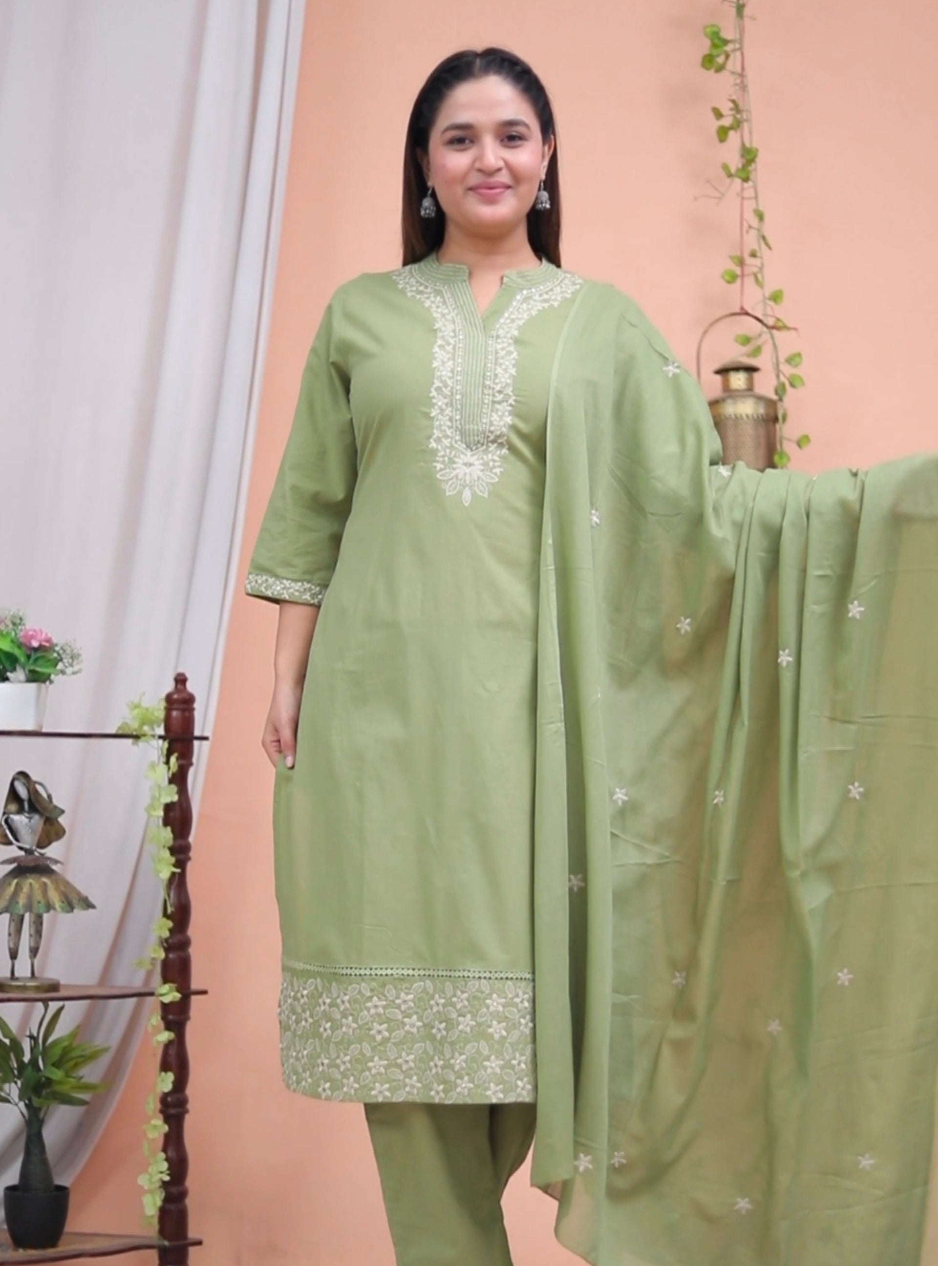 Olive Green Cotton Embroidered Kurta Set with Dupatta