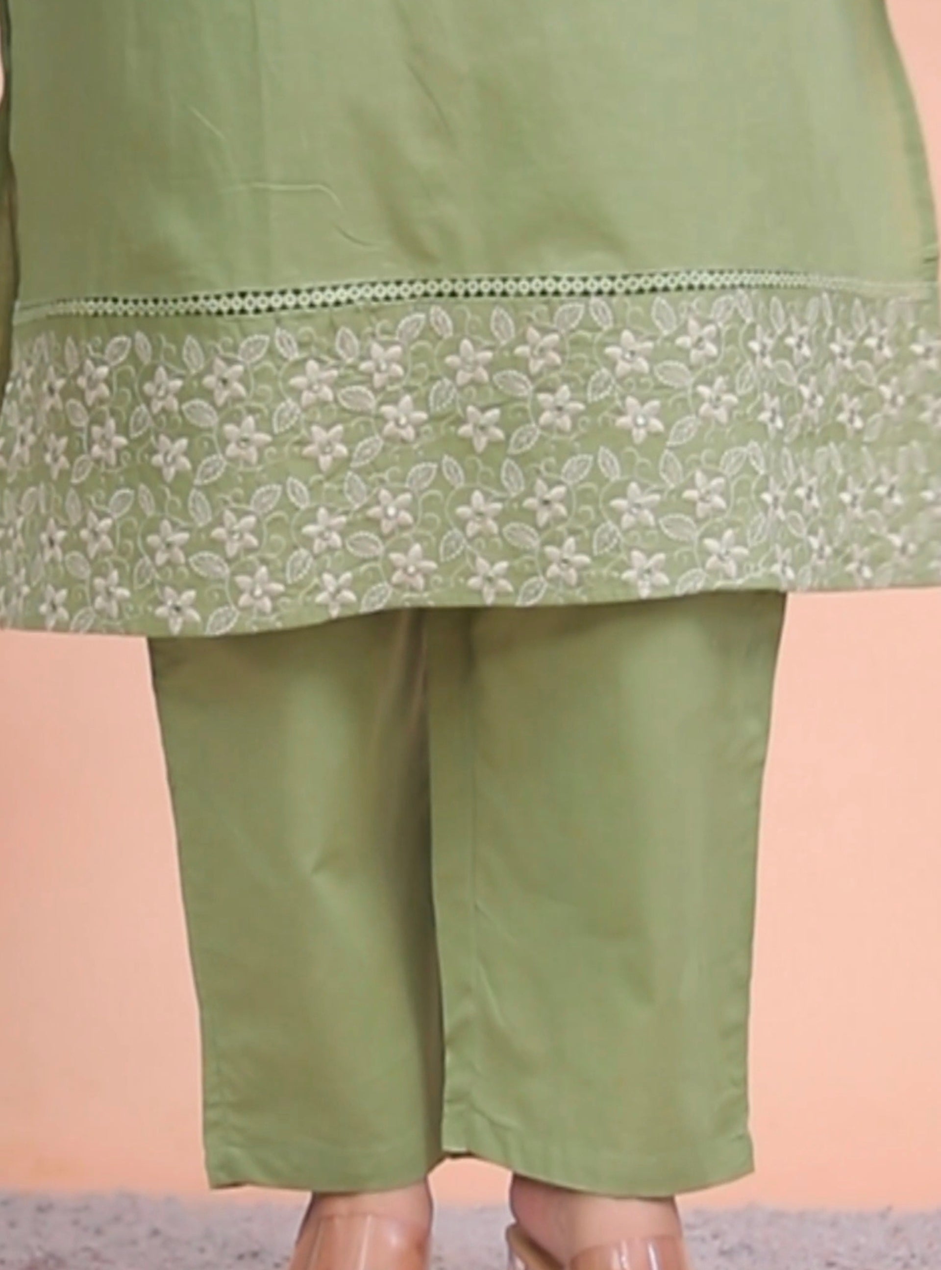 Olive Green Cotton Embroidered Kurta Set with Dupatta