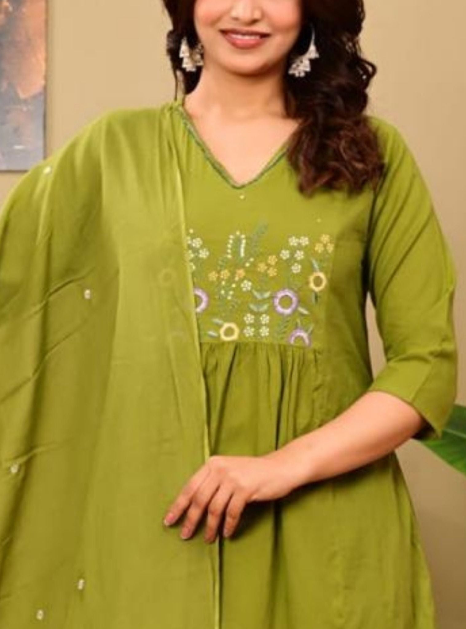 Olive Green Embroidered Kurta Pant Set with Dupatta