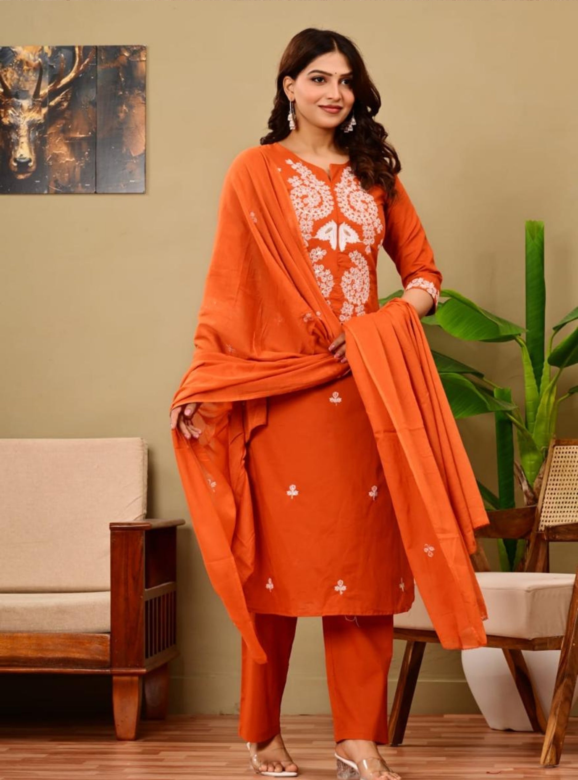 Orange Embroidered Kurta Pant Sets with Dupatta
