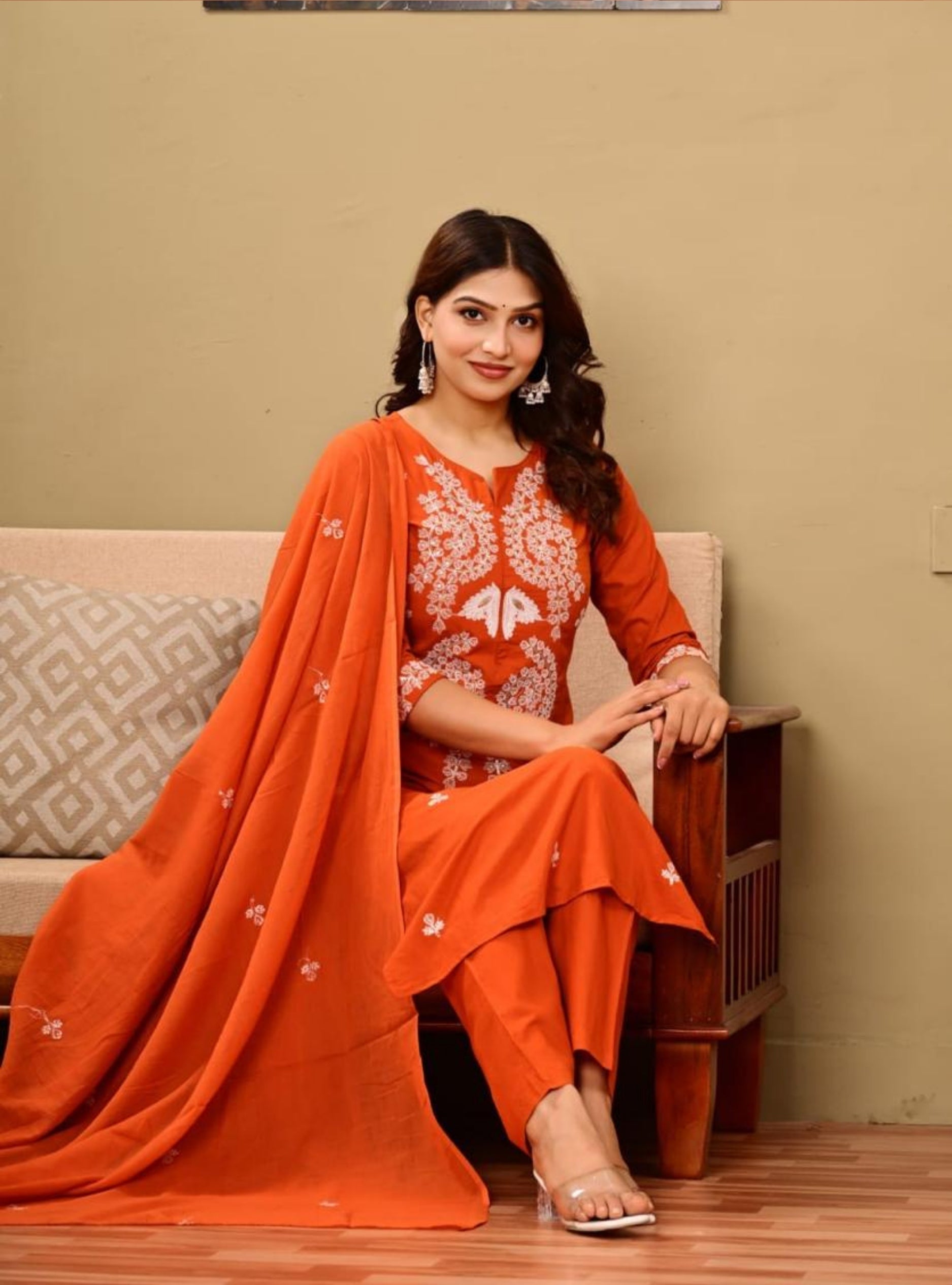 Orange Embroidered Kurta Pant Sets with Dupatta