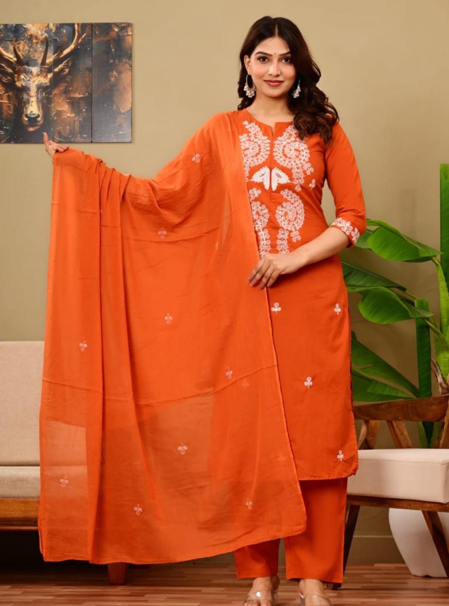 Orange Embroidered Kurta Pant Sets with Dupatta