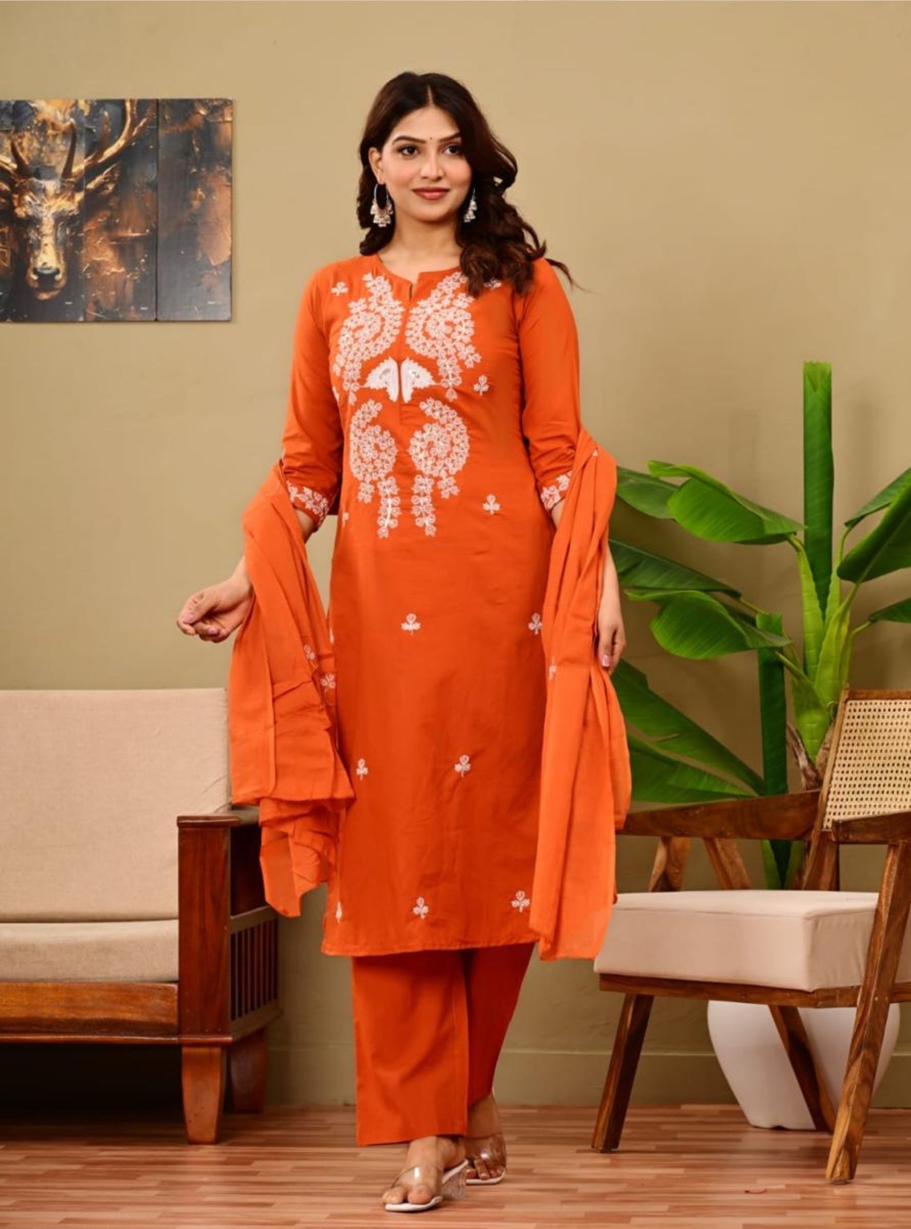 Orange Embroidered Kurta Pant Sets with Dupatta