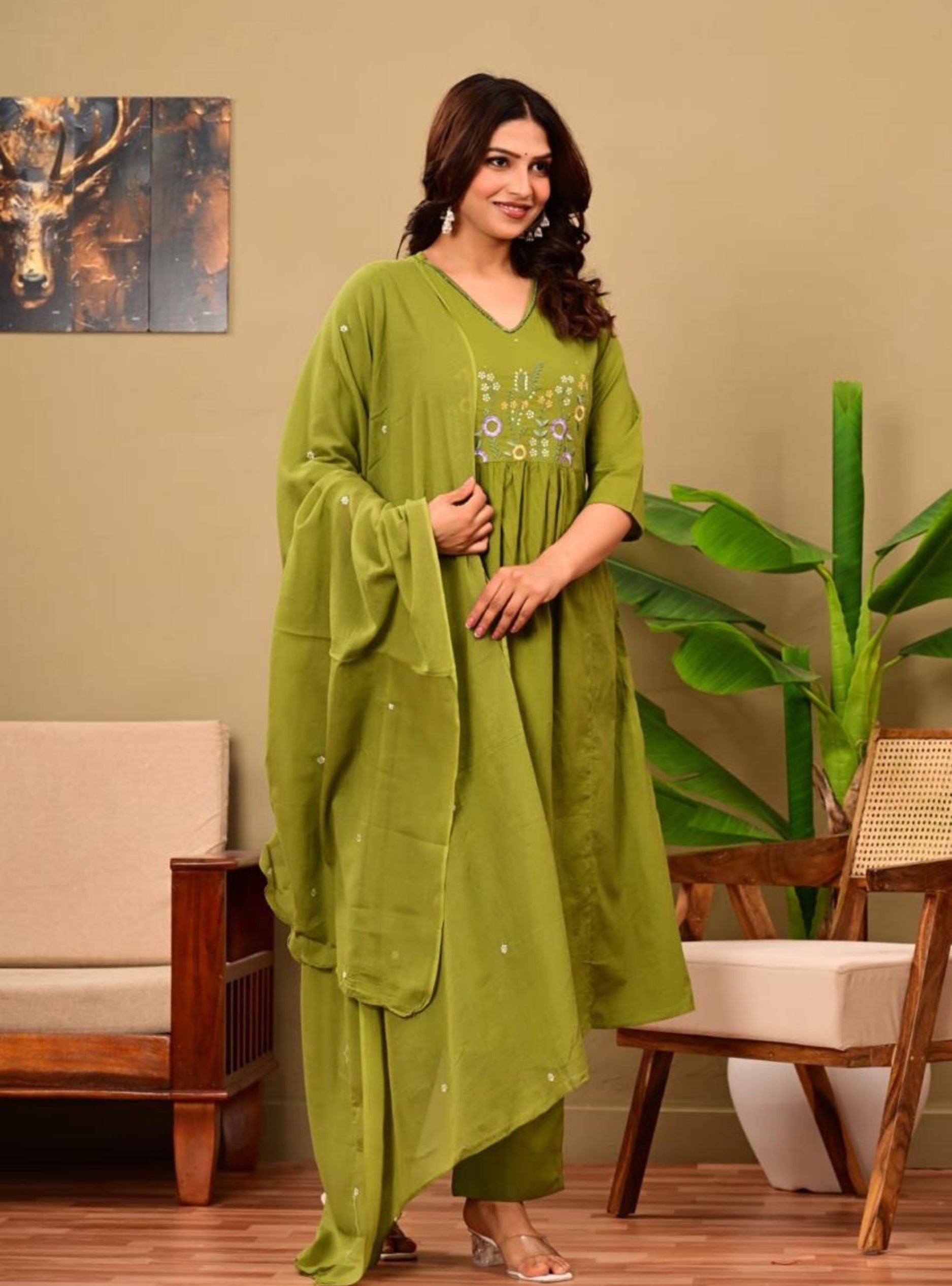 Olive Green Embroidered Kurta Pant Set with Dupatta