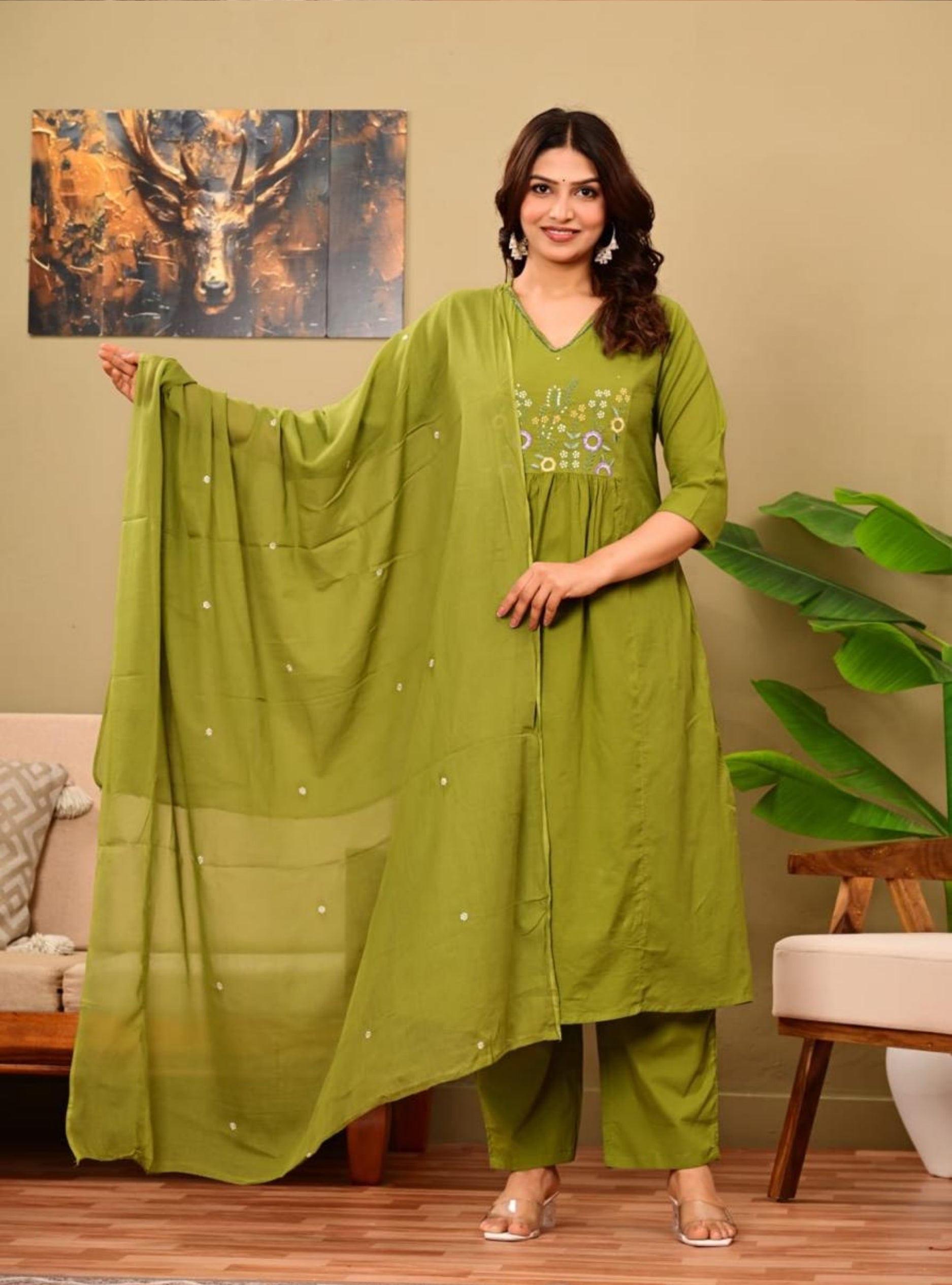 Olive Green Embroidered Kurta Pant Set with Dupatta