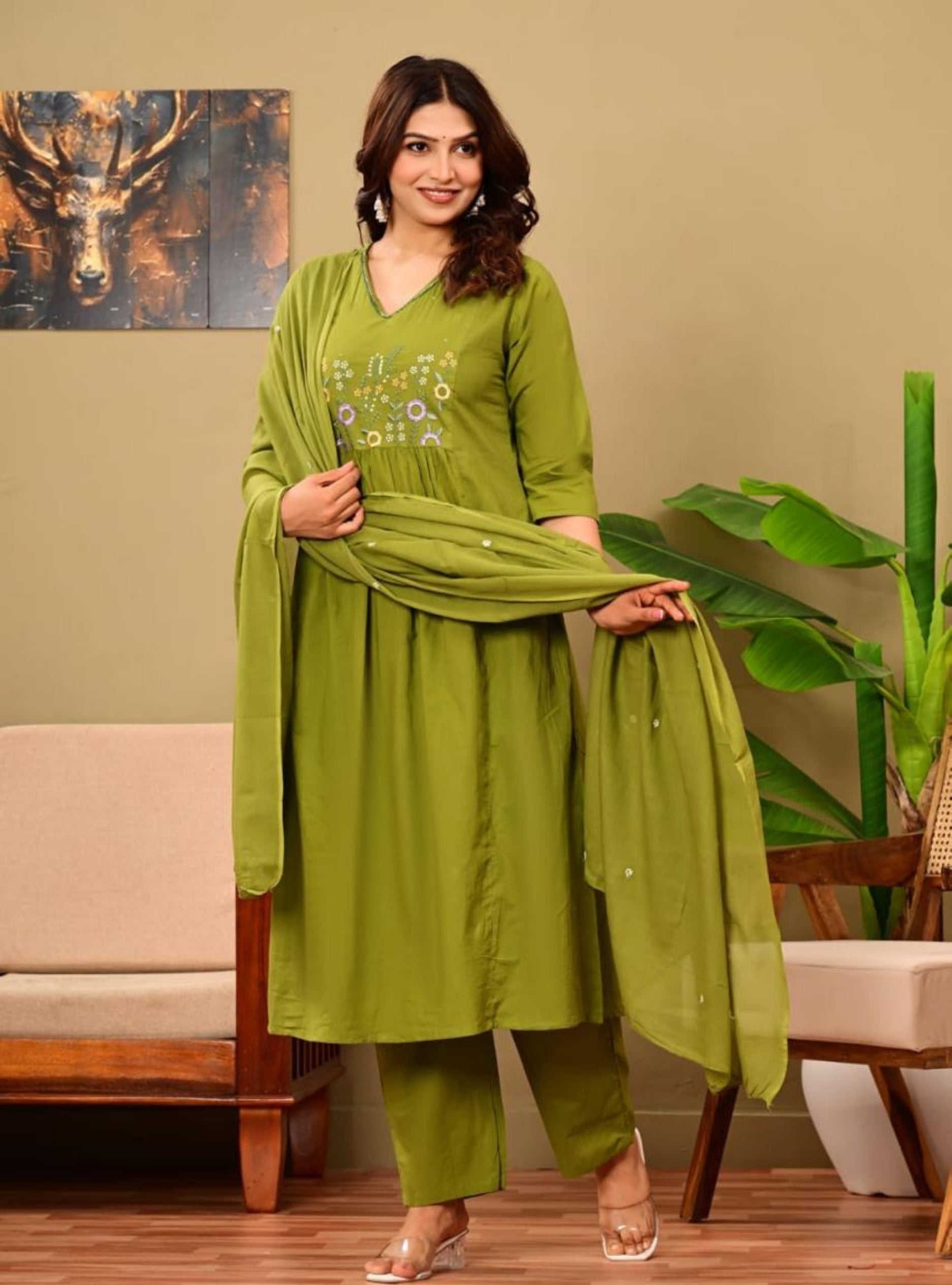 Olive Green Embroidered Kurta Pant Set with Dupatta