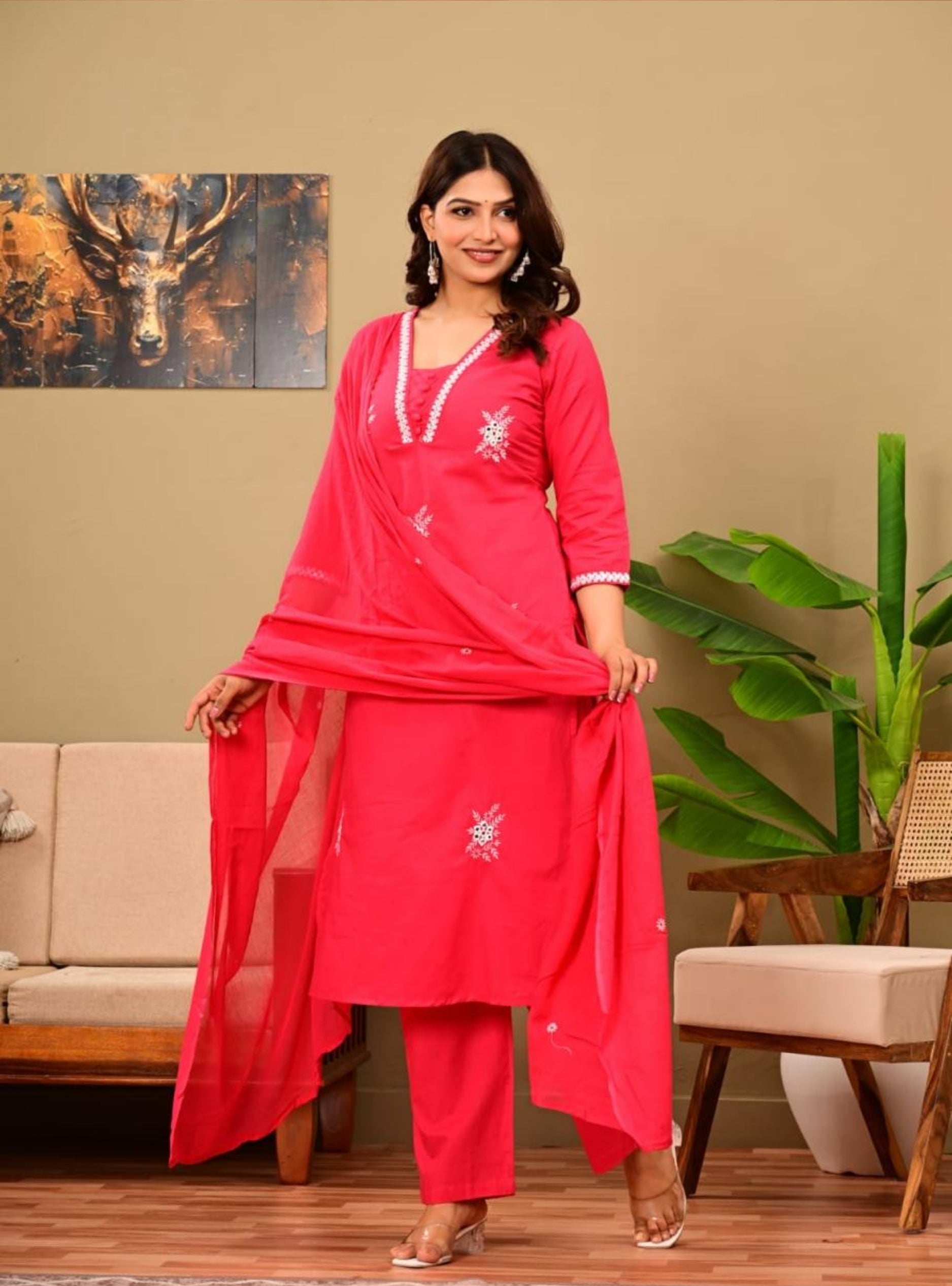 Pink Embroidered Kurta Pant Set with Dupatta