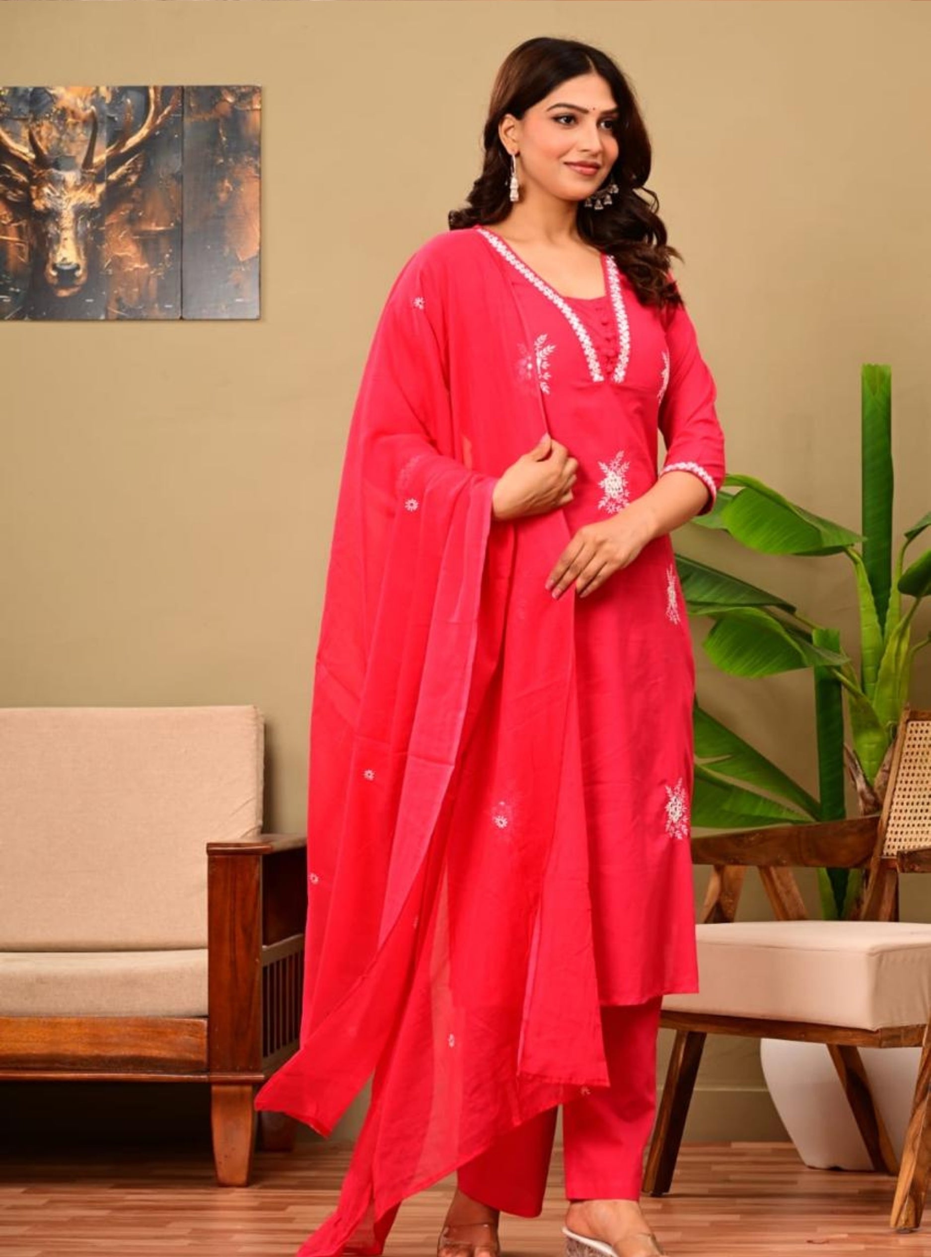Pink Embroidered Kurta Pant Set with Dupatta