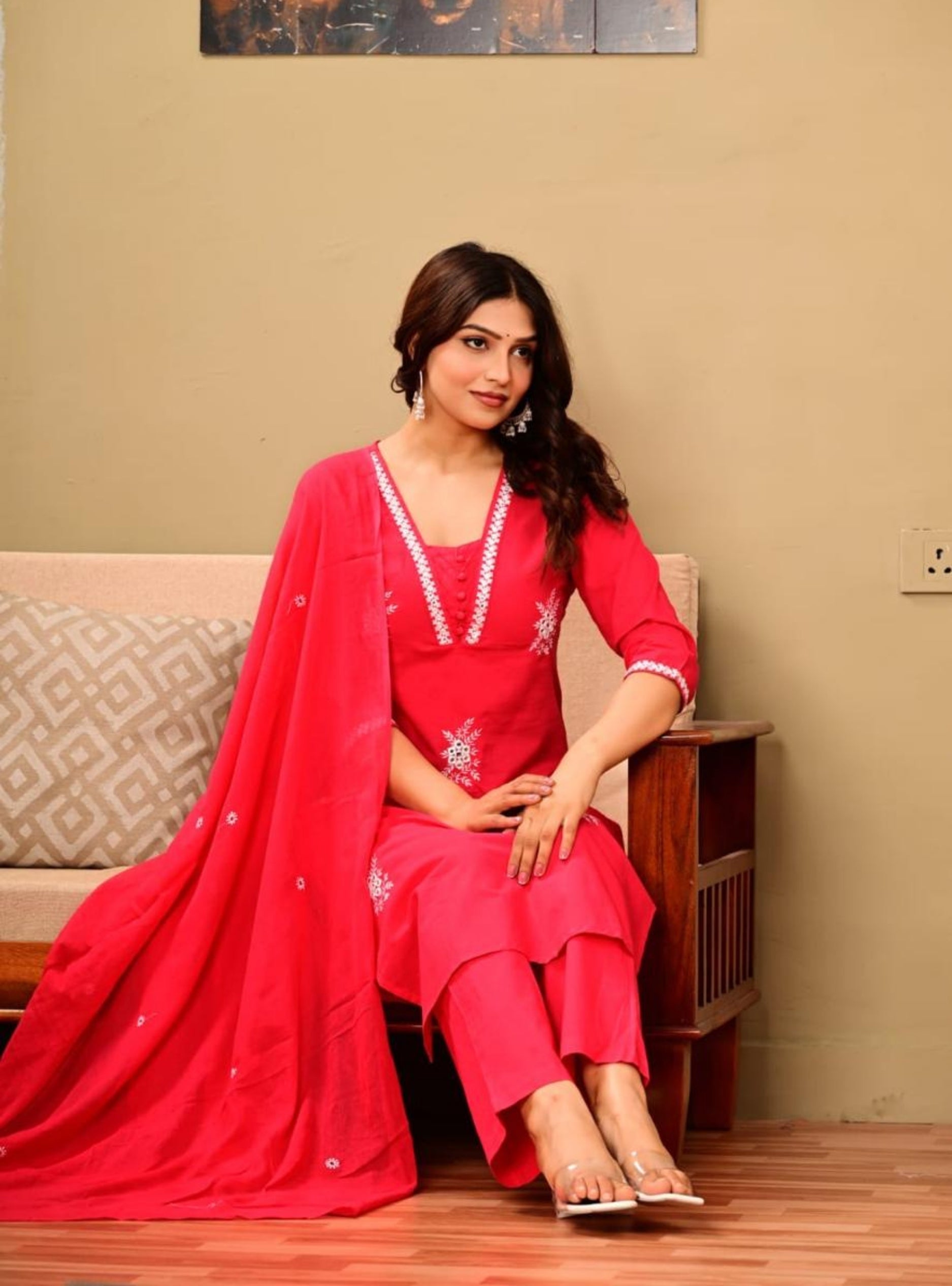 Pink Embroidered Kurta Pant Set with Dupatta