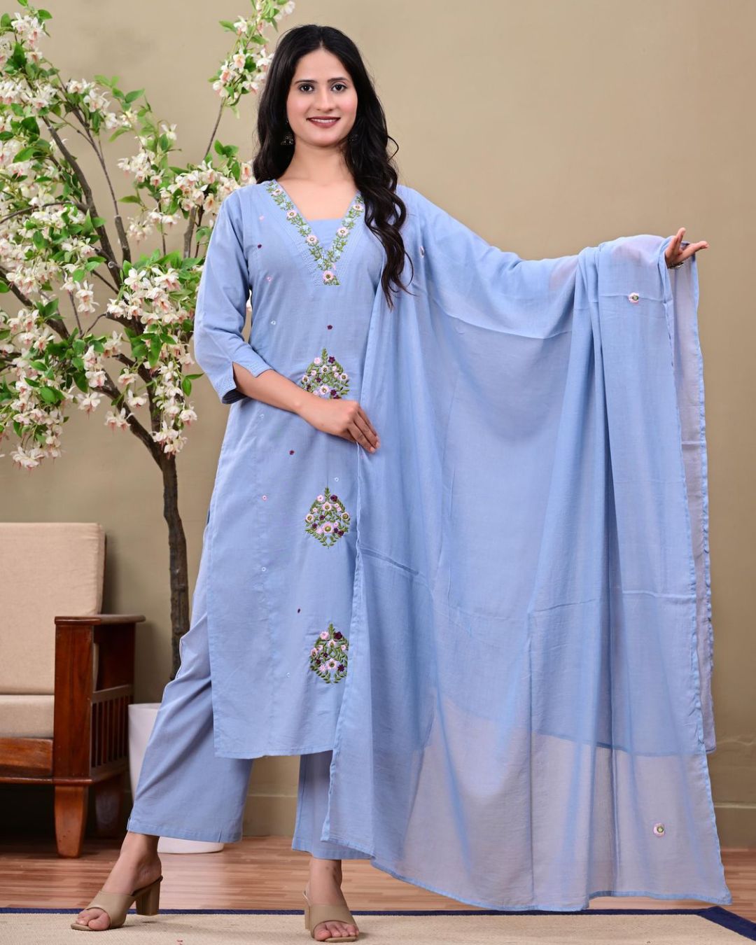 Powder Blue Embroidered Kurta Set with Dupatta