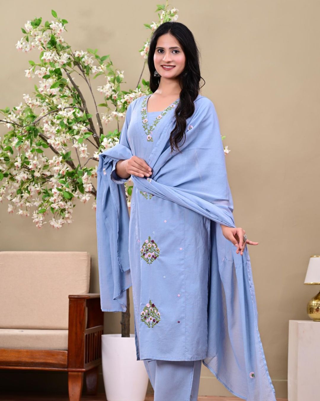 Powder Blue Embroidered Kurta Set with Dupatta
