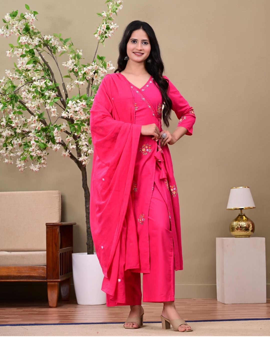 Hot Pink Floral Embroidered Kurta Set with Dupatta