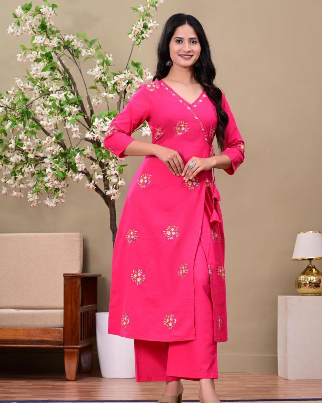 Hot Pink Floral Embroidered Kurta Set with Dupatta