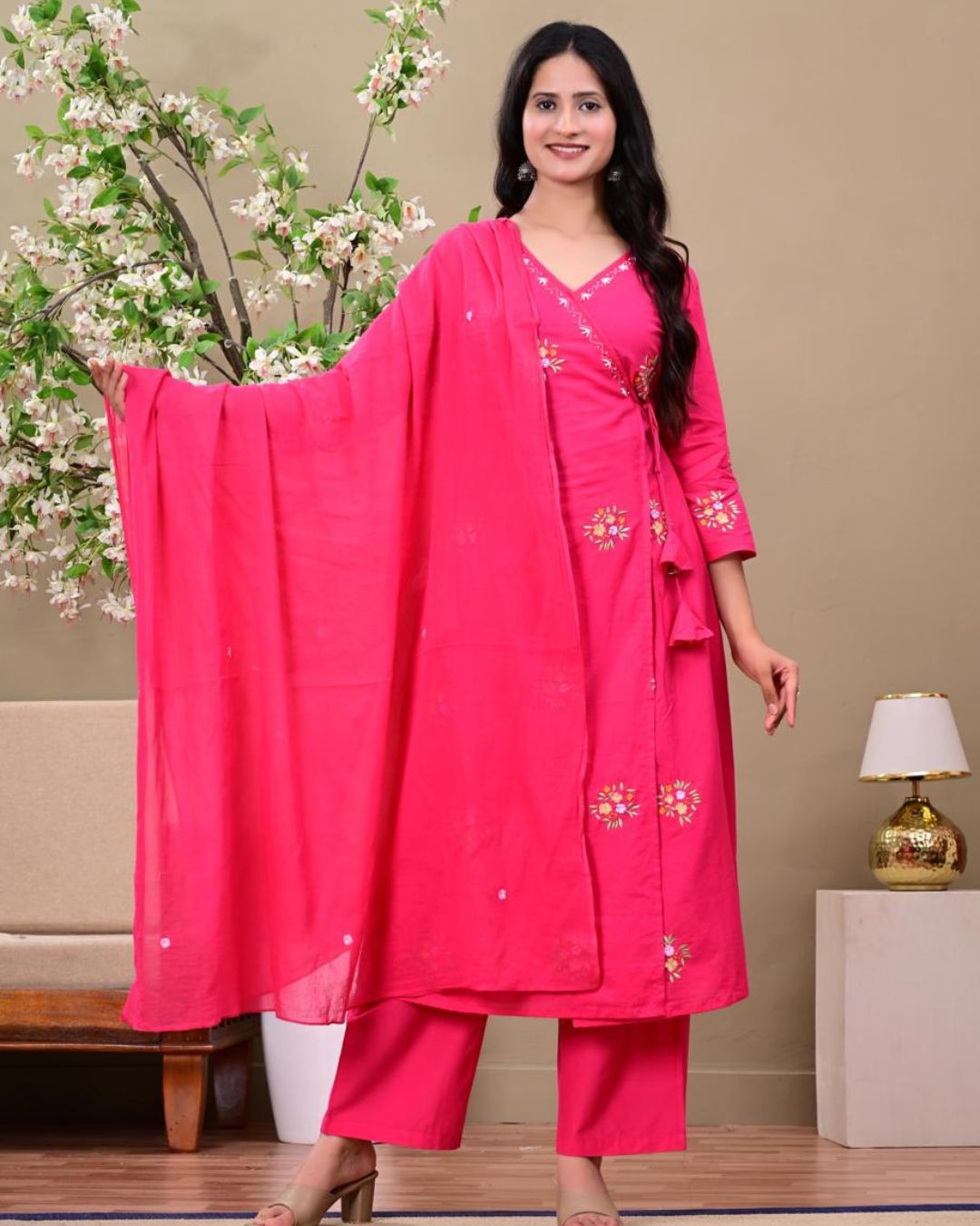 Hot Pink Floral Embroidered Kurta Set with Dupatta
