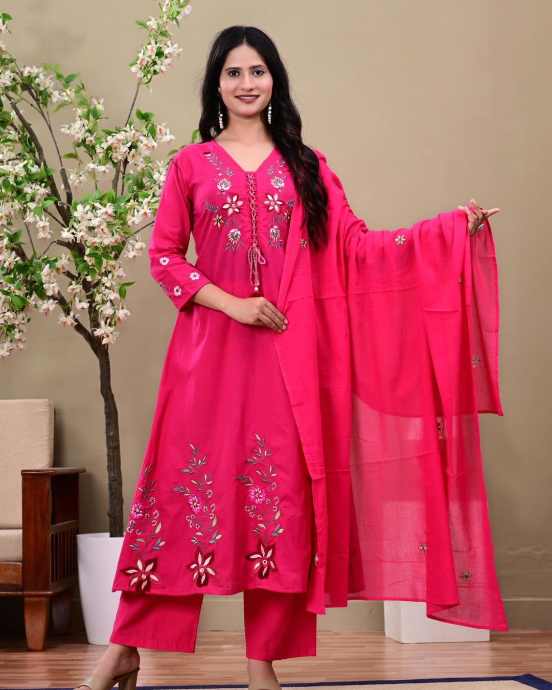 Fuchsia Pink Floral Embroidered Kurta Set with Dupatta