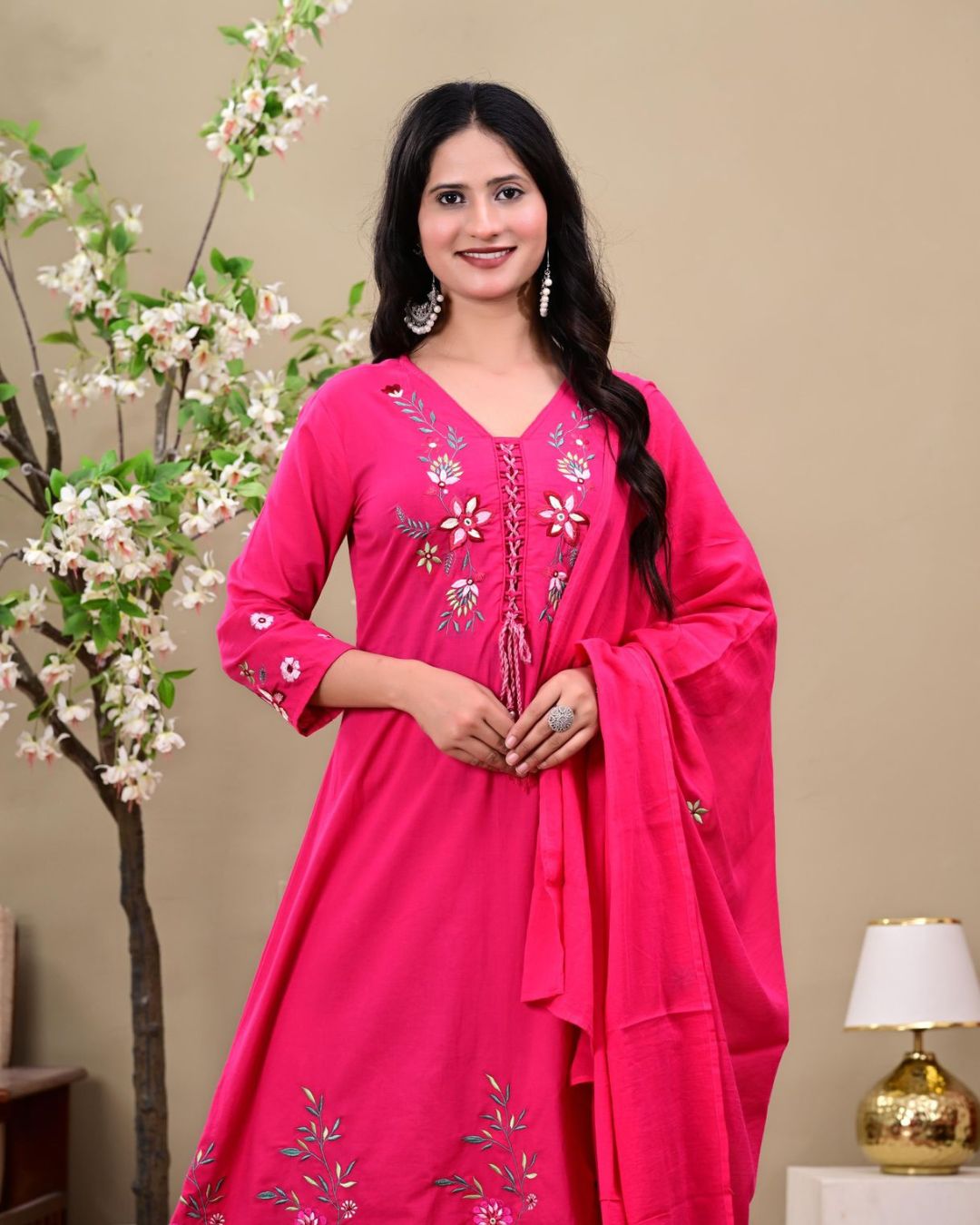 Fuchsia Pink Floral Embroidered Kurta Set with Dupatta