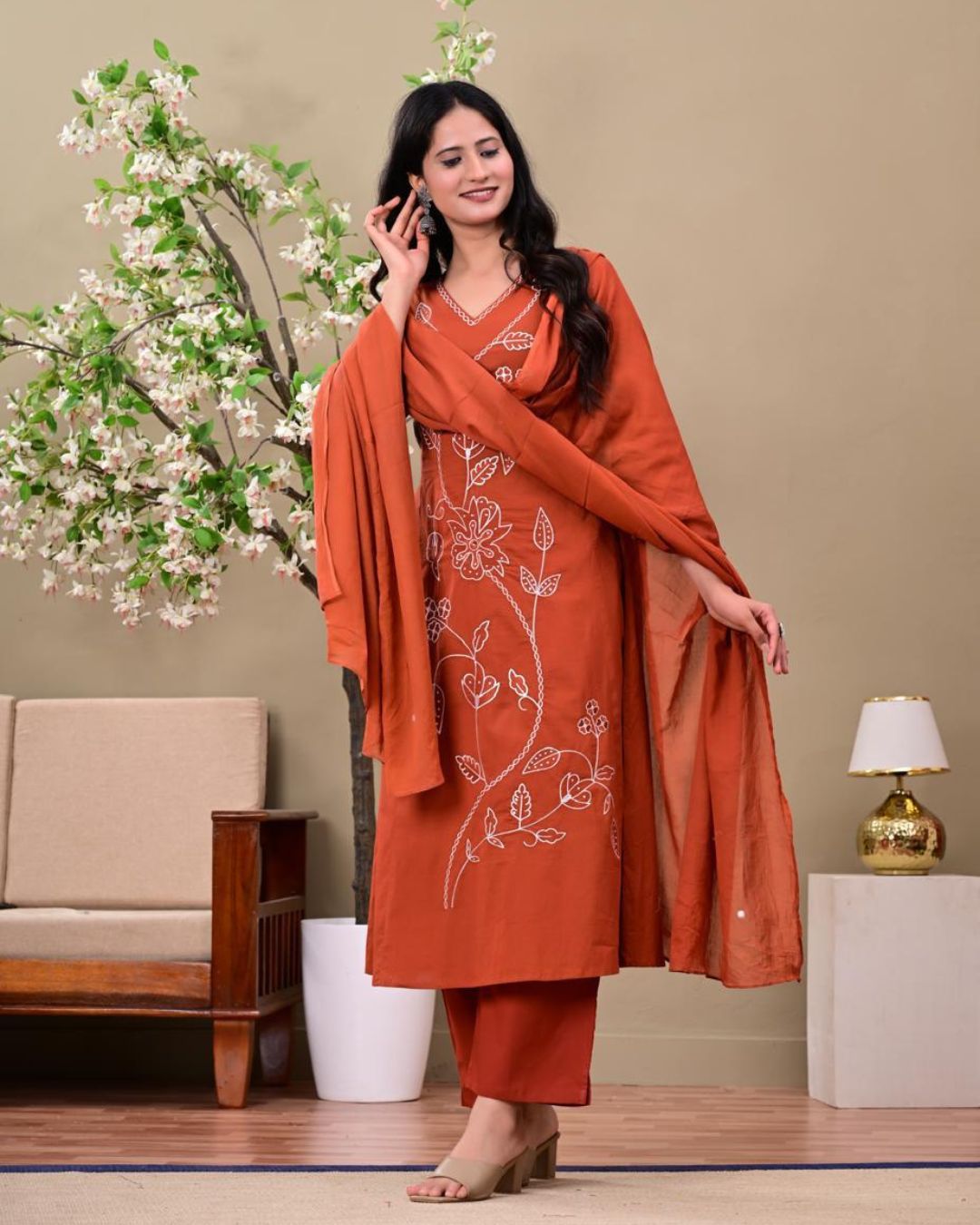 Rust Brown Embroidered Kurta Set with Dupatta