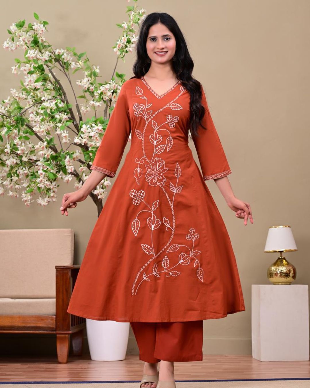 Rust Brown Embroidered Kurta Set with Dupatta