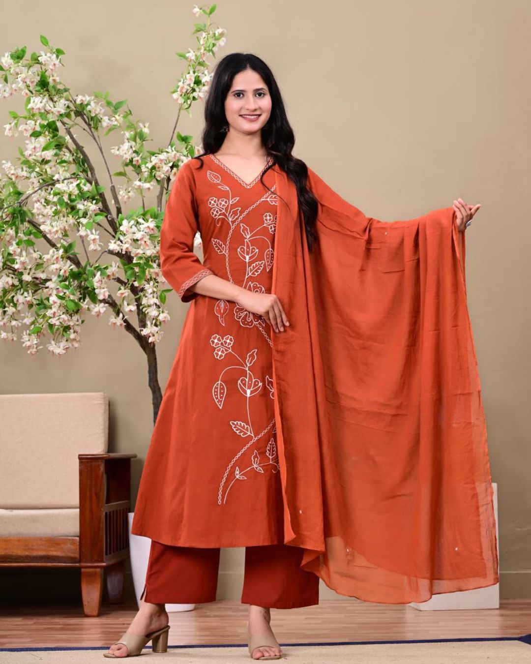 Rust Brown Embroidered Kurta Set with Dupatta