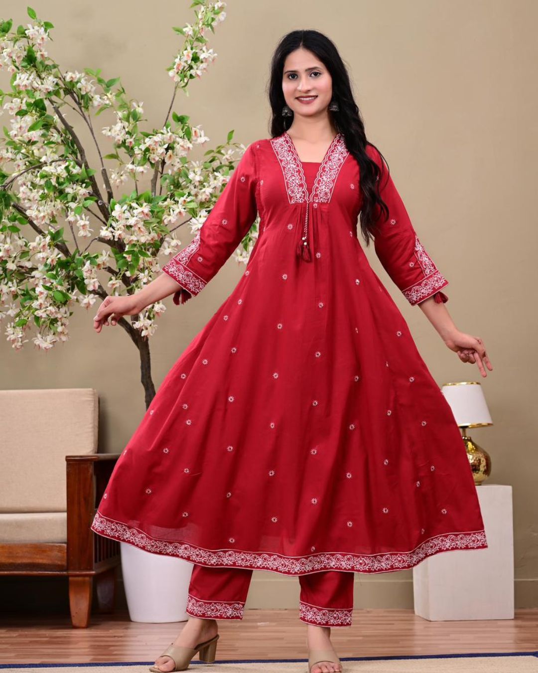 Wine Red Embroidered Kurta Set with Dupatta