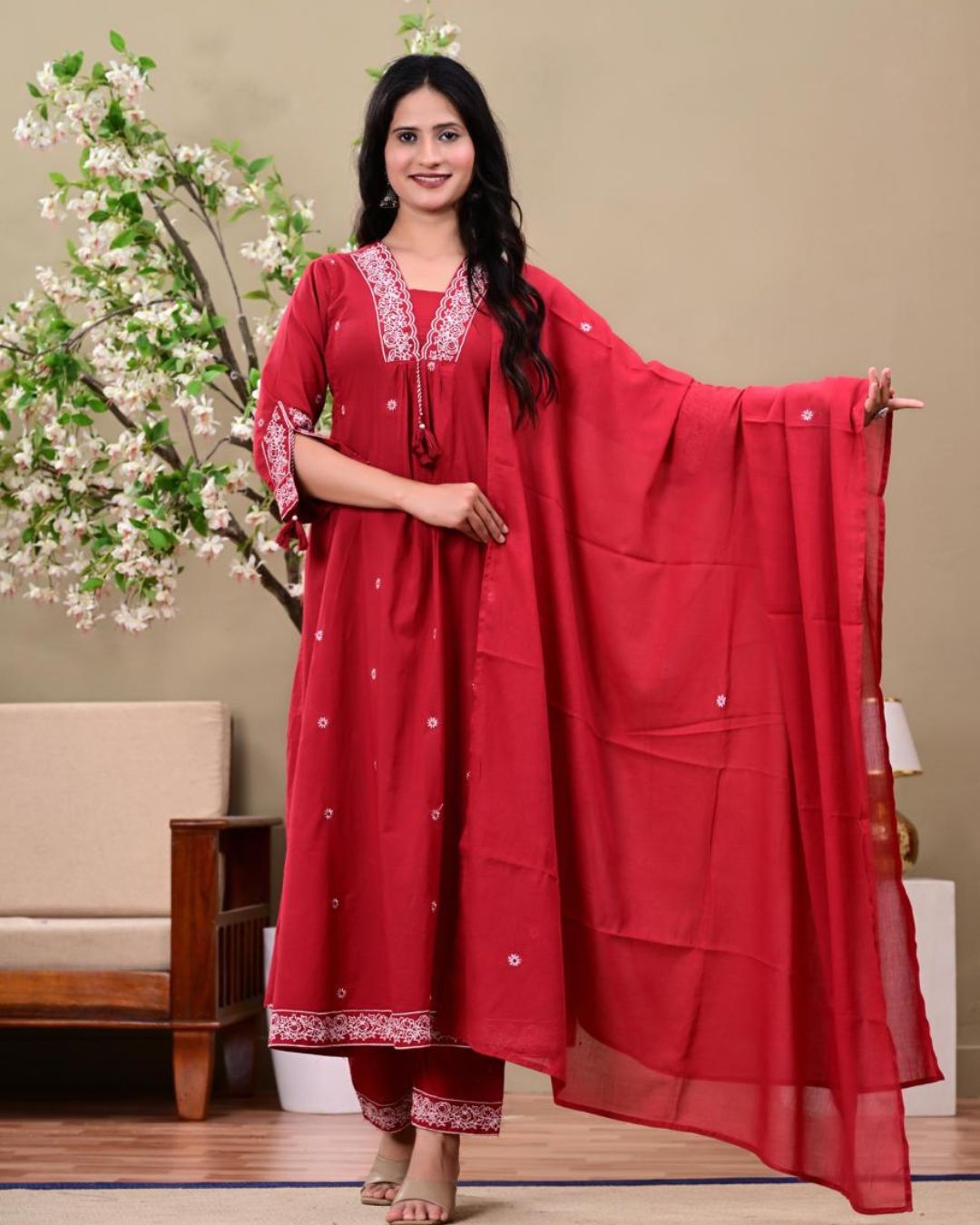 Wine Red Embroidered Kurta Set with Dupatta