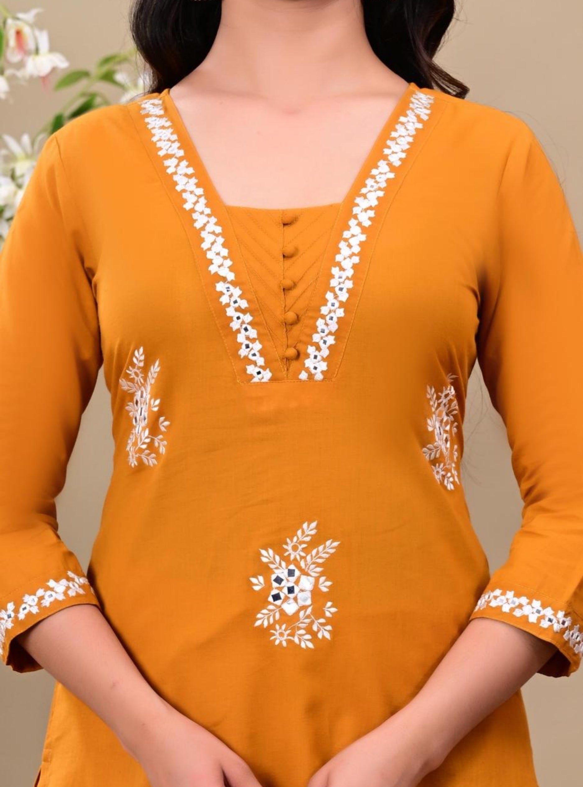 Mustard Embroidered Kurta Pant Set with Dupatta