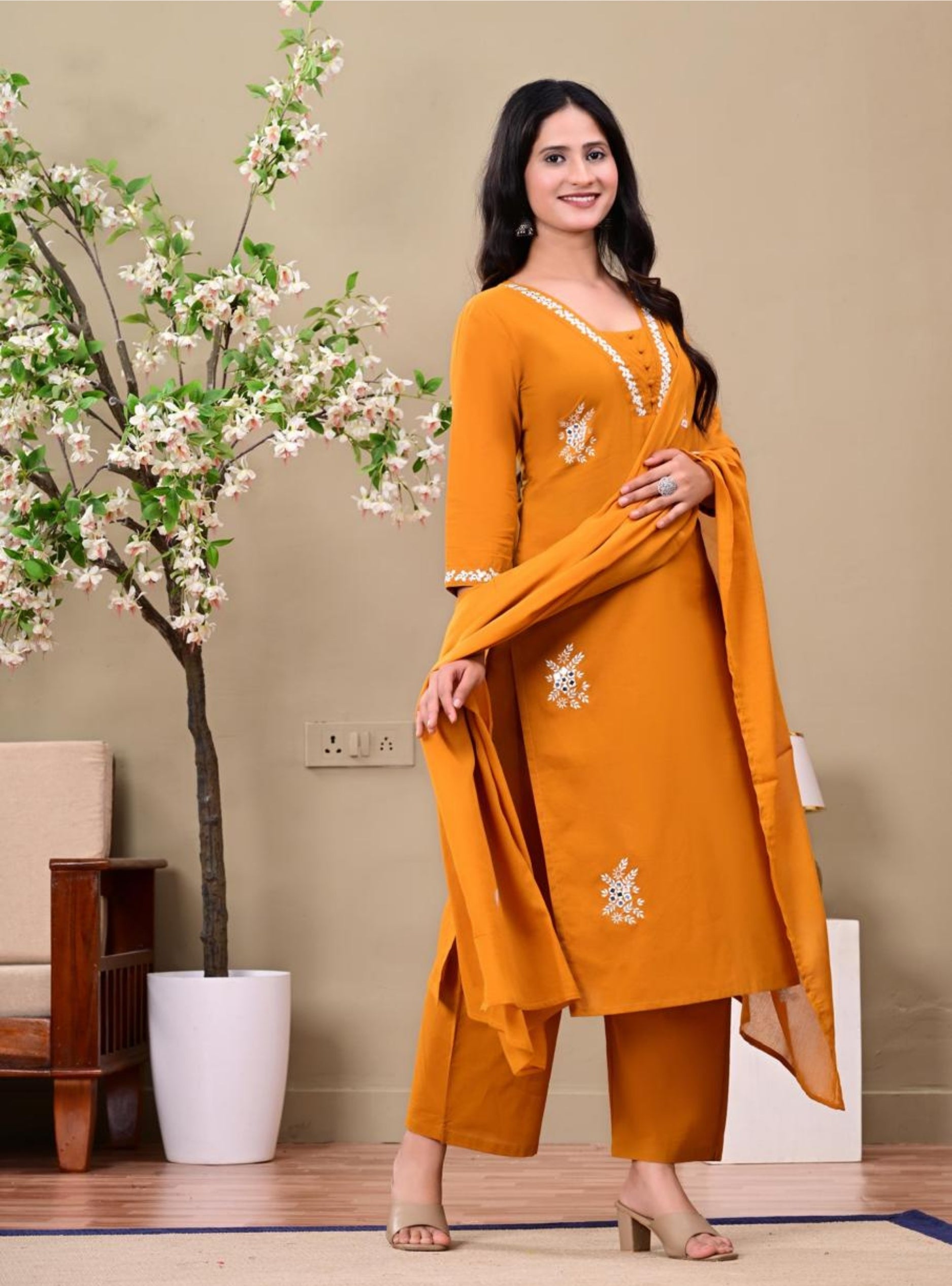 Mustard Embroidered Kurta Pant Set with Dupatta