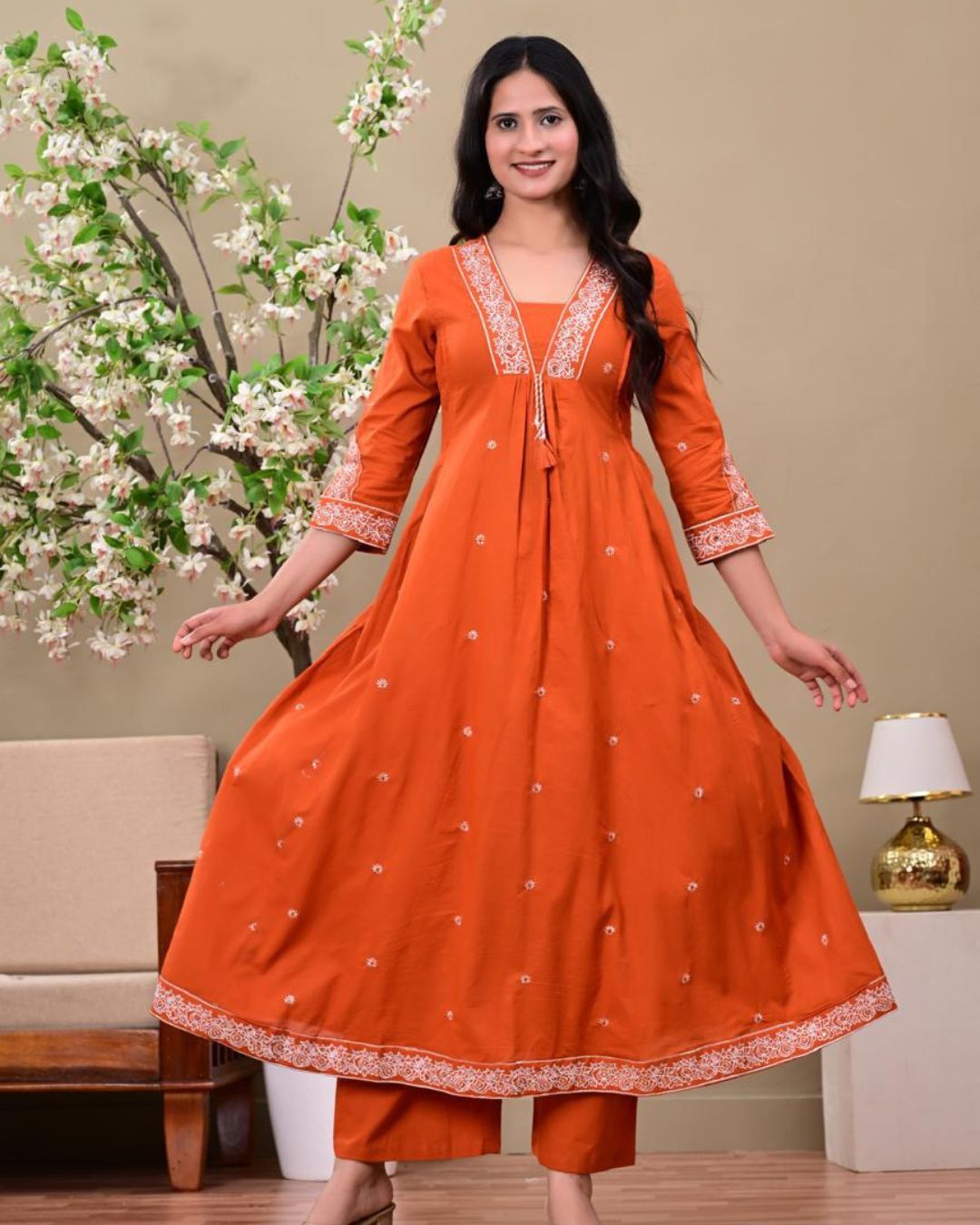 Burnt Orange Embroidered Anarkali Kurta Set with Dupatta