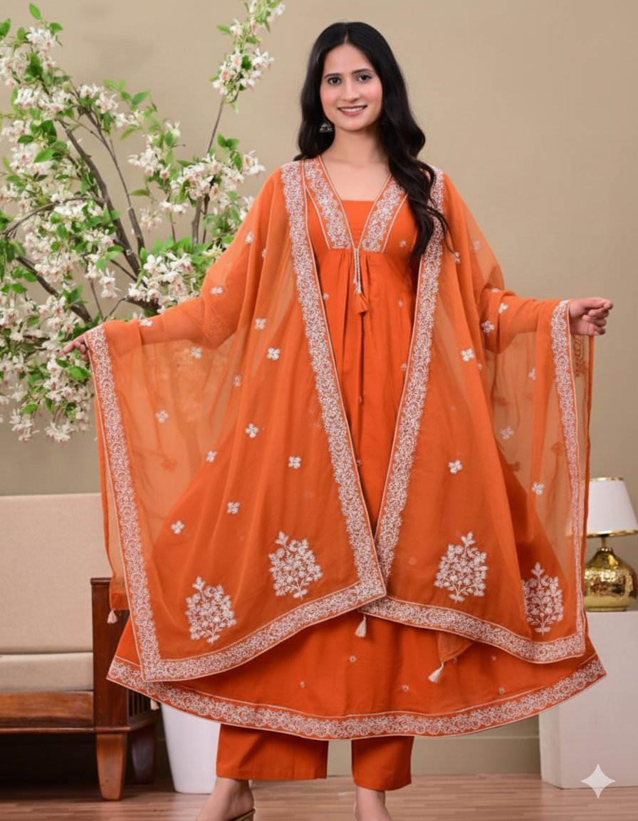 Burnt Orange Embroidered Anarkali Kurta Set with Dupatta