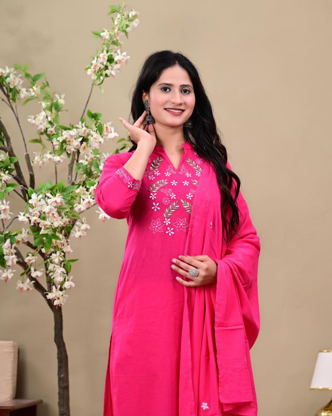 Bright Pink Floral Embroidered Kurta Set with Dupatta