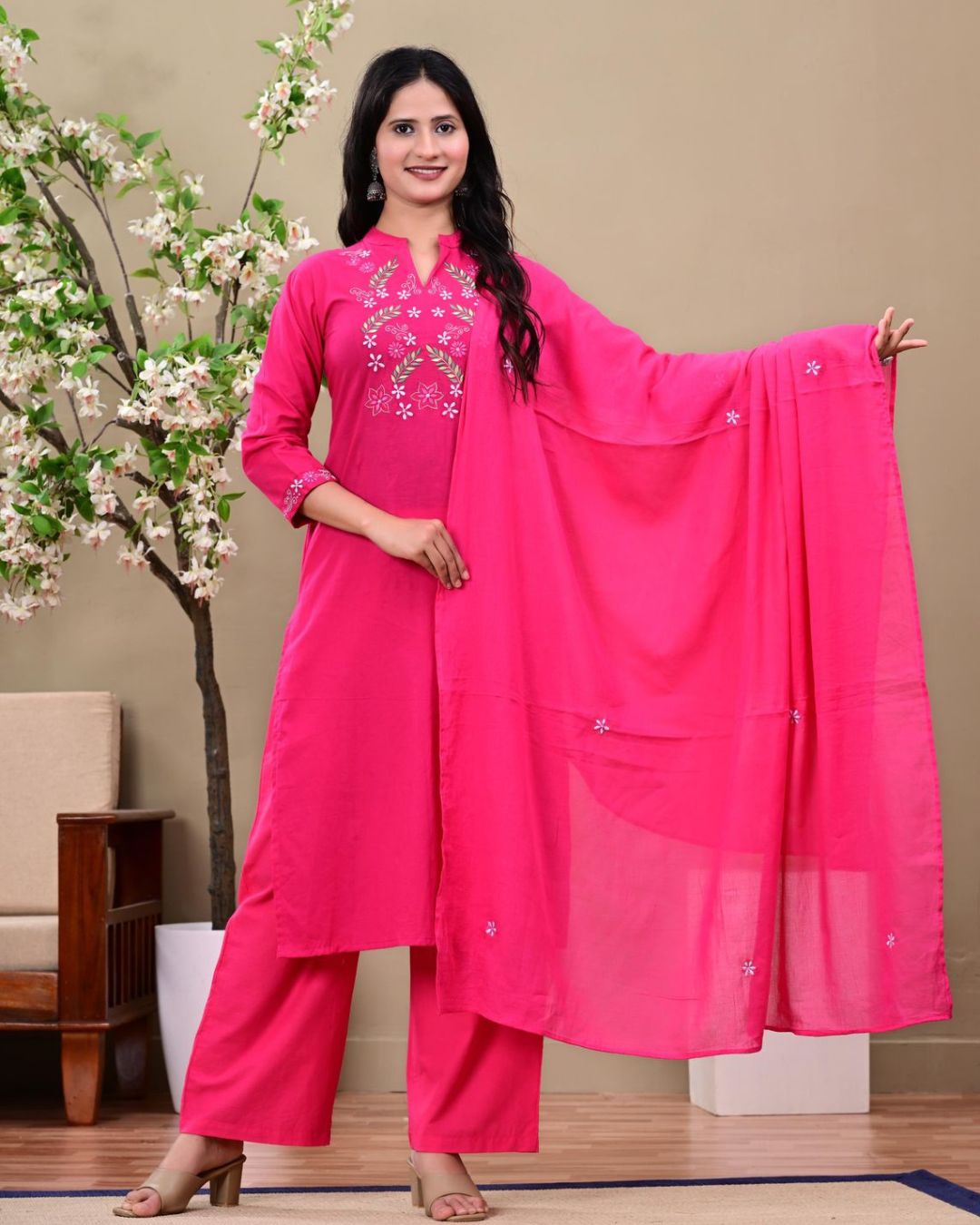 Bright Pink Floral Embroidered Kurta Set with Dupatta