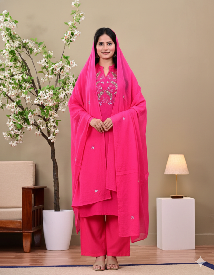 Bright Pink Floral Embroidered Kurta Set with Dupatta