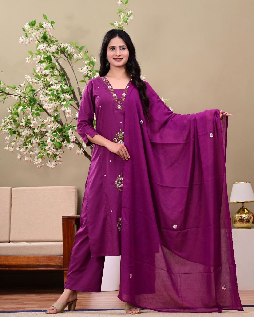 Royal Purple Floral Embroidered Kurta Set with Dupatta