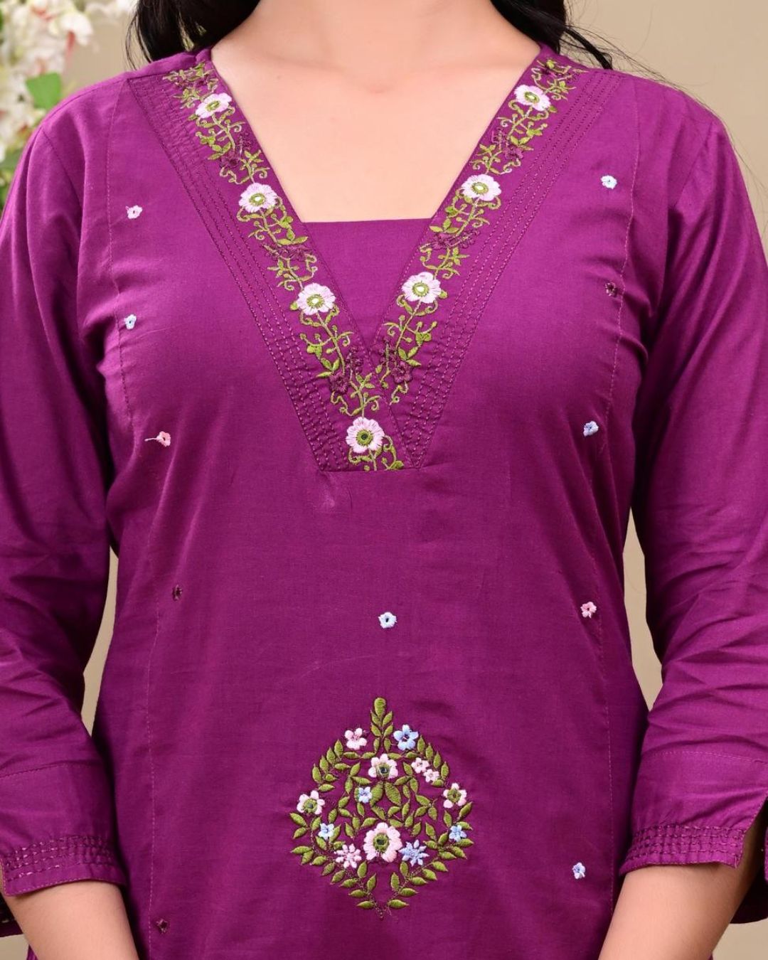 Royal Purple Floral Embroidered Kurta Set with Dupatta