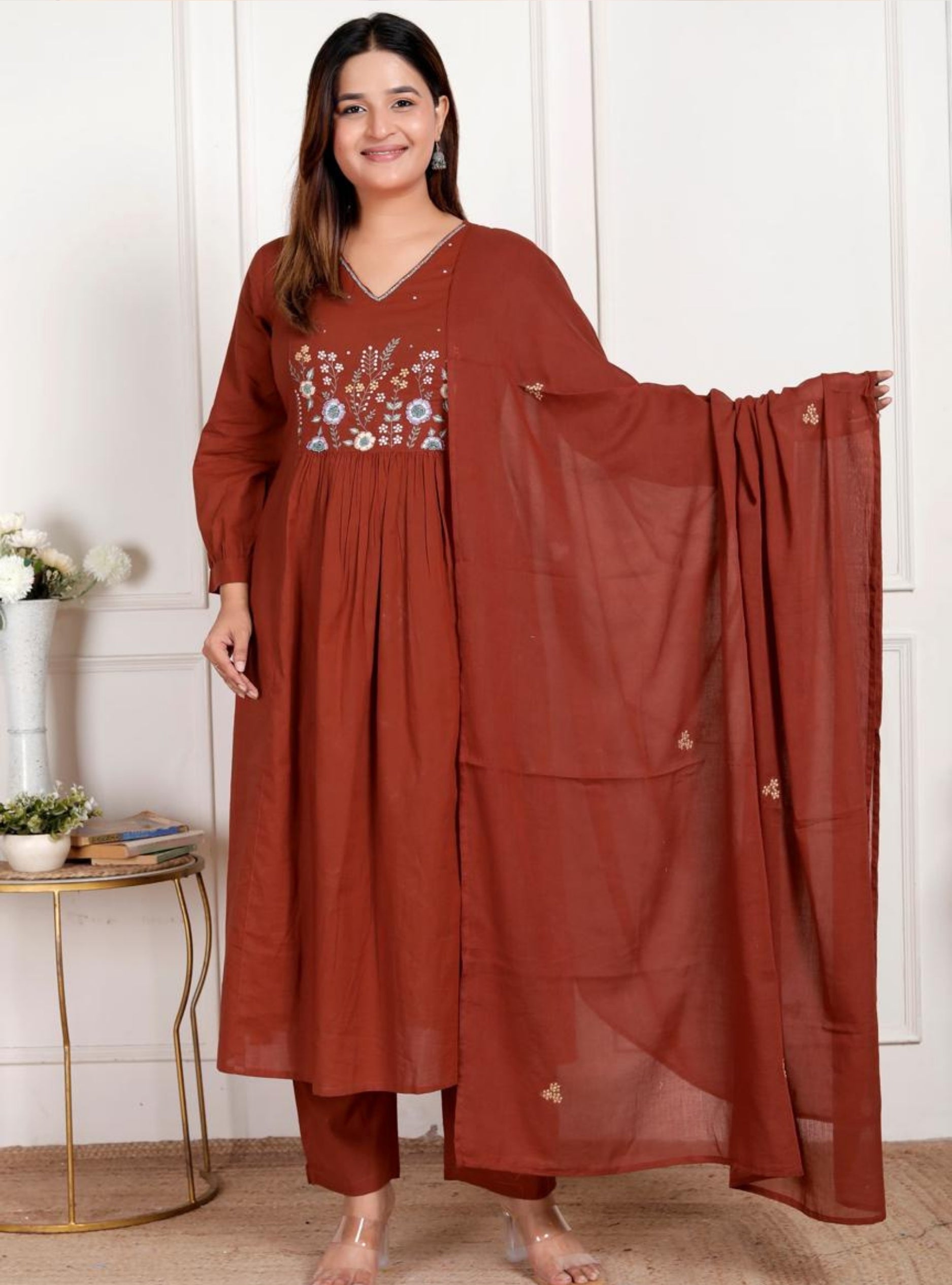 Rust Embroidered Kurta Pant Set with Dupatta