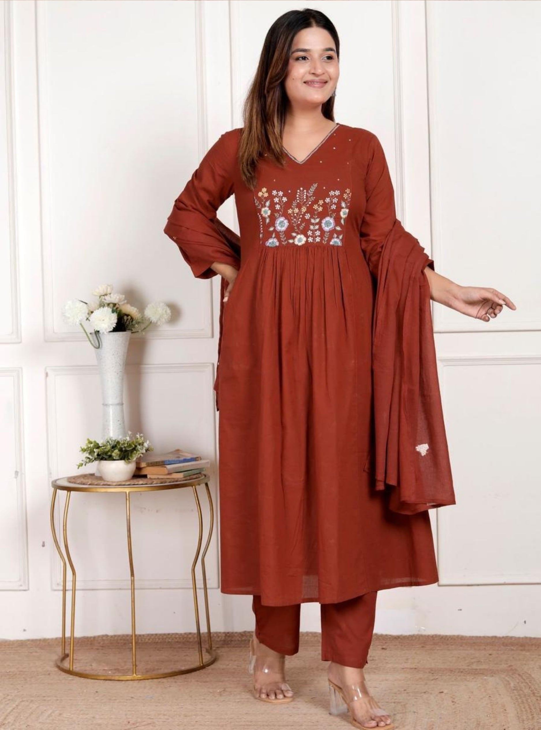Rust Embroidered Kurta Pant Set with Dupatta