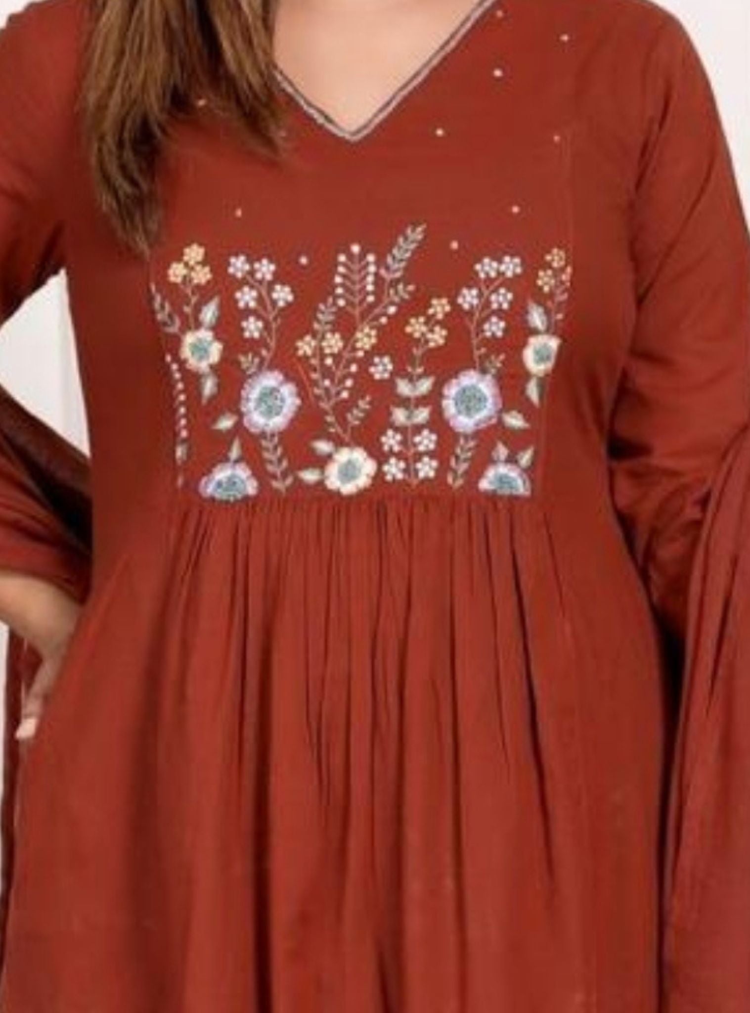Rust Embroidered Kurta Pant Set with Dupatta