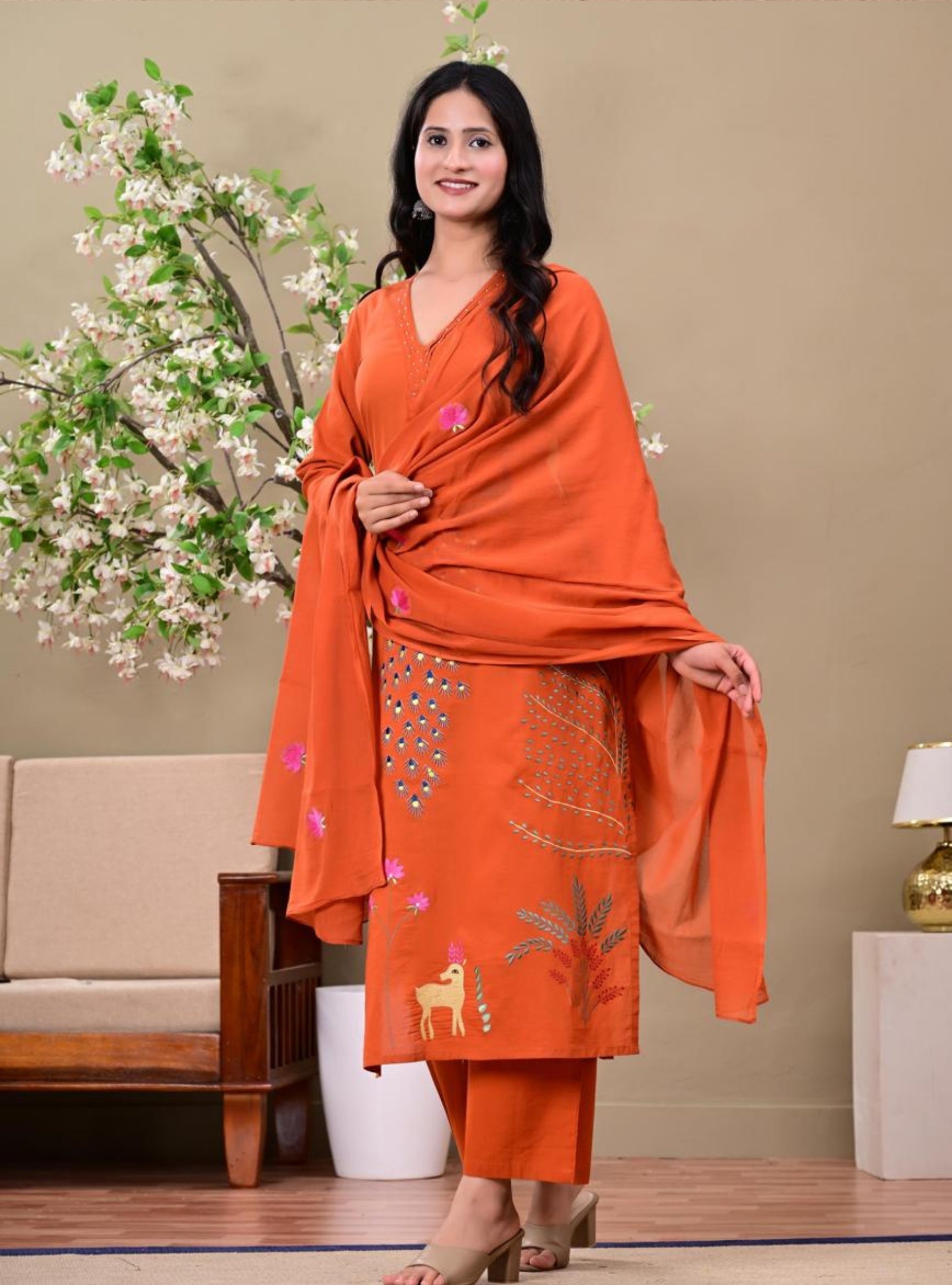 Orange Embroidered Kurta Pant Set with Dupatta