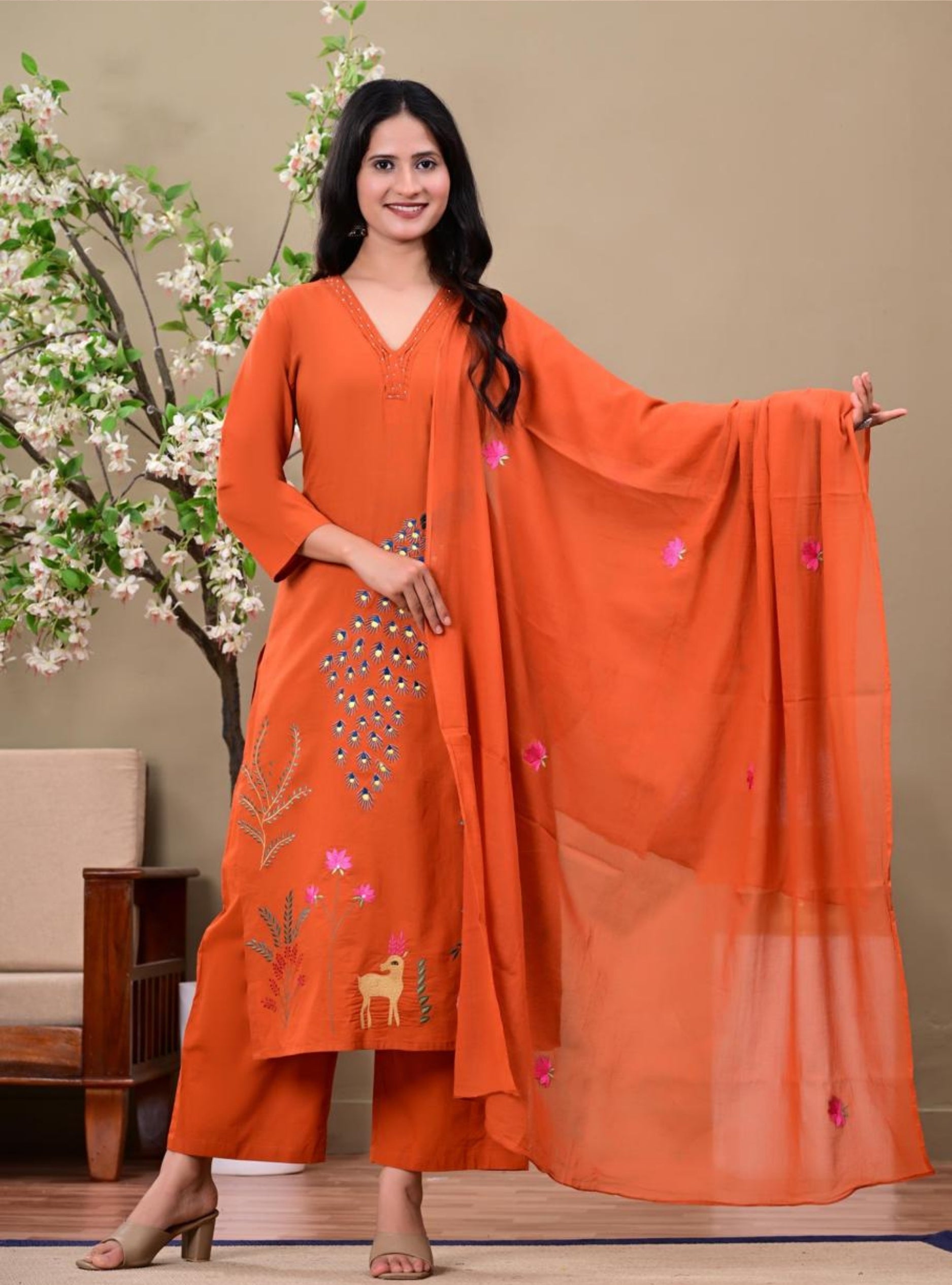 Orange Embroidered Kurta Pant Set with Dupatta