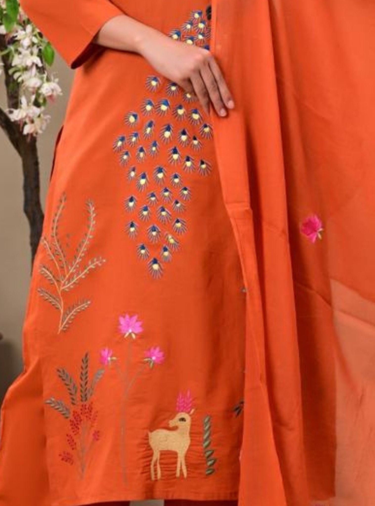 Orange Embroidered Kurta Pant Set with Dupatta